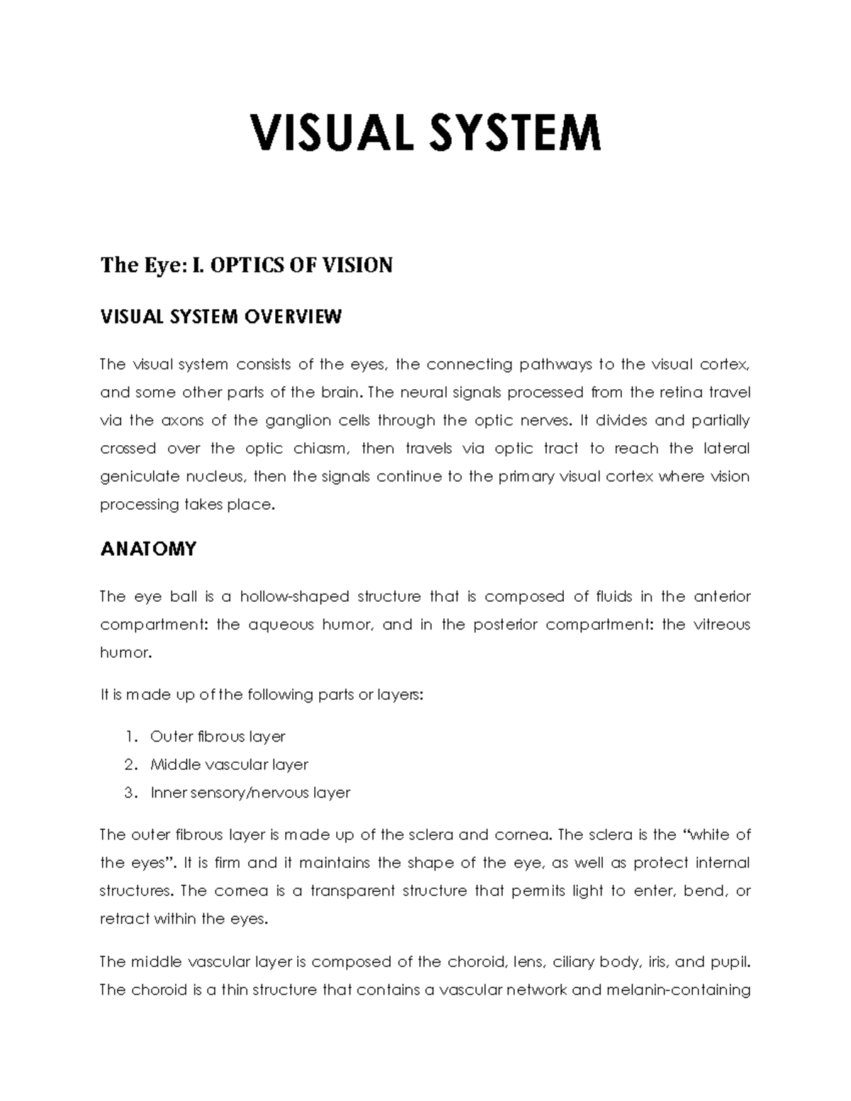 Optics Physiology - VISUAL SYSTEM The Eye: I. OPTICS OF VISION VISUAL ...