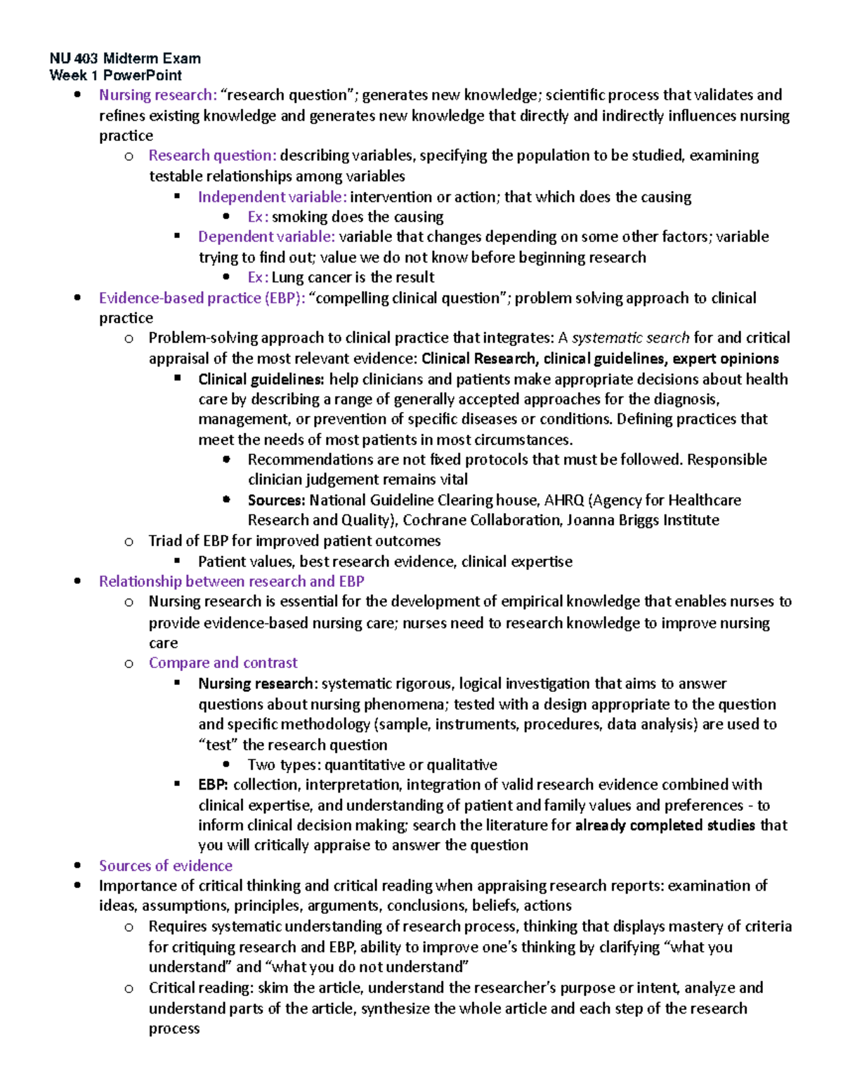 NU 403 midterm - notes - NU 403 Midterm Exam Week 1 PowerPoint Nursing ...