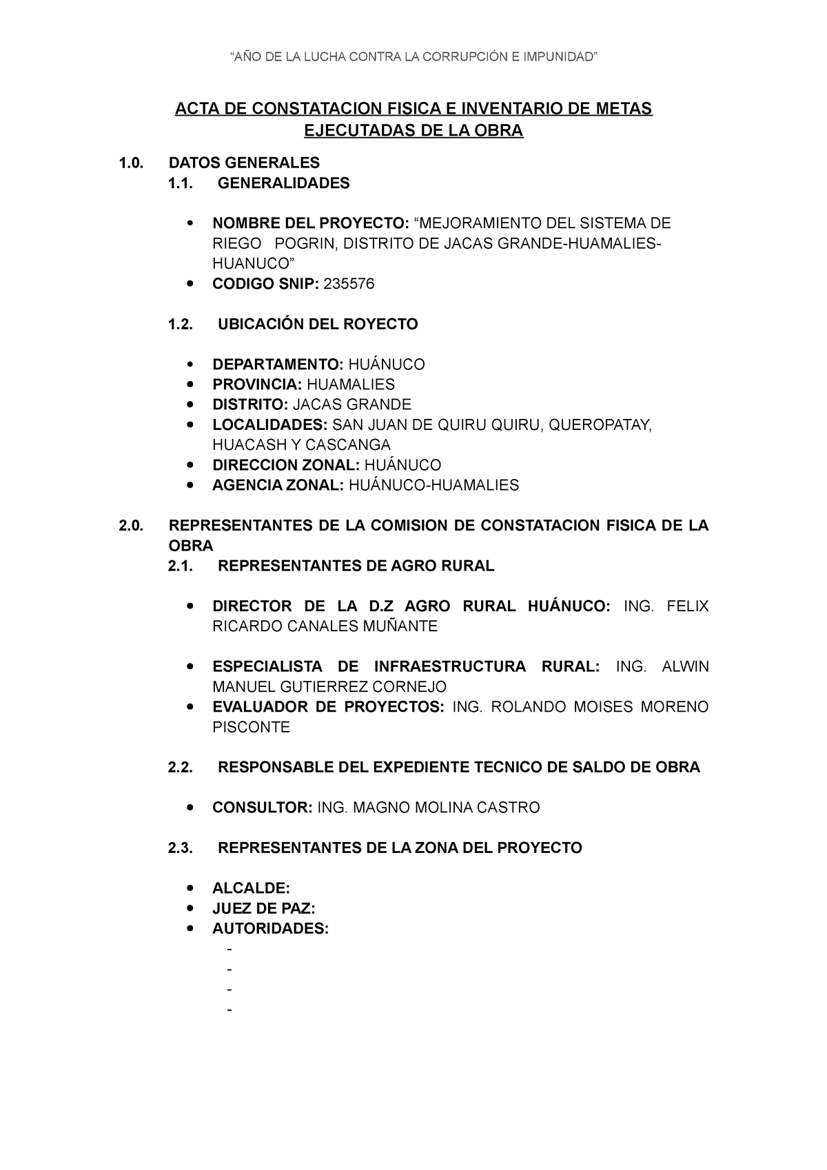 ACTA DE Constatacion Fisica DE LA OBRA Ejecutada (Recuperado) - ACTA DE  CONSTATACION FISICA E - Studocu