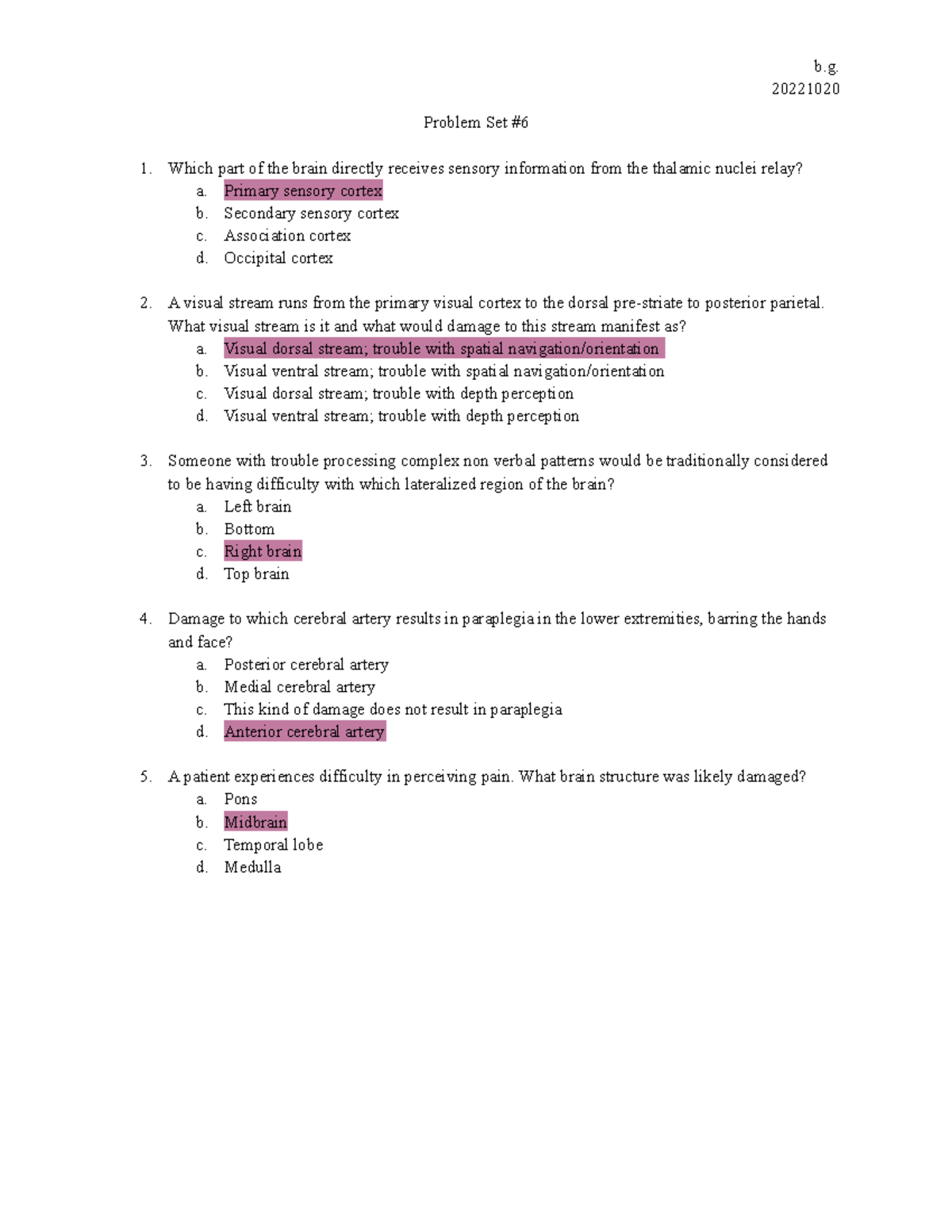 PSY 181 Problem Set 6 - B. 20221020 Problem Set # Which Part Of The ...