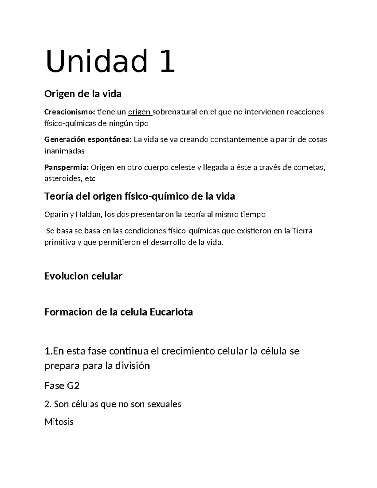 Unidad 1 - Unos apuntes buenos - Unidad 1 Origen de la vida ...