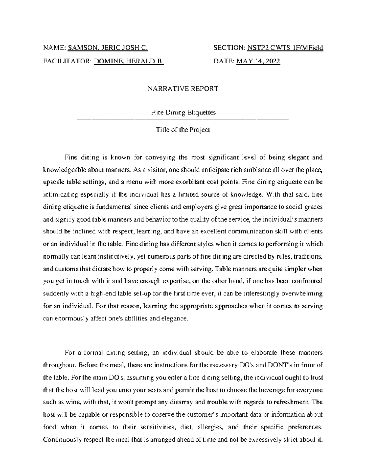 Samson, Jeric JOSH C - Narrative Documentation - NAME: SAMSON, JERIC ...