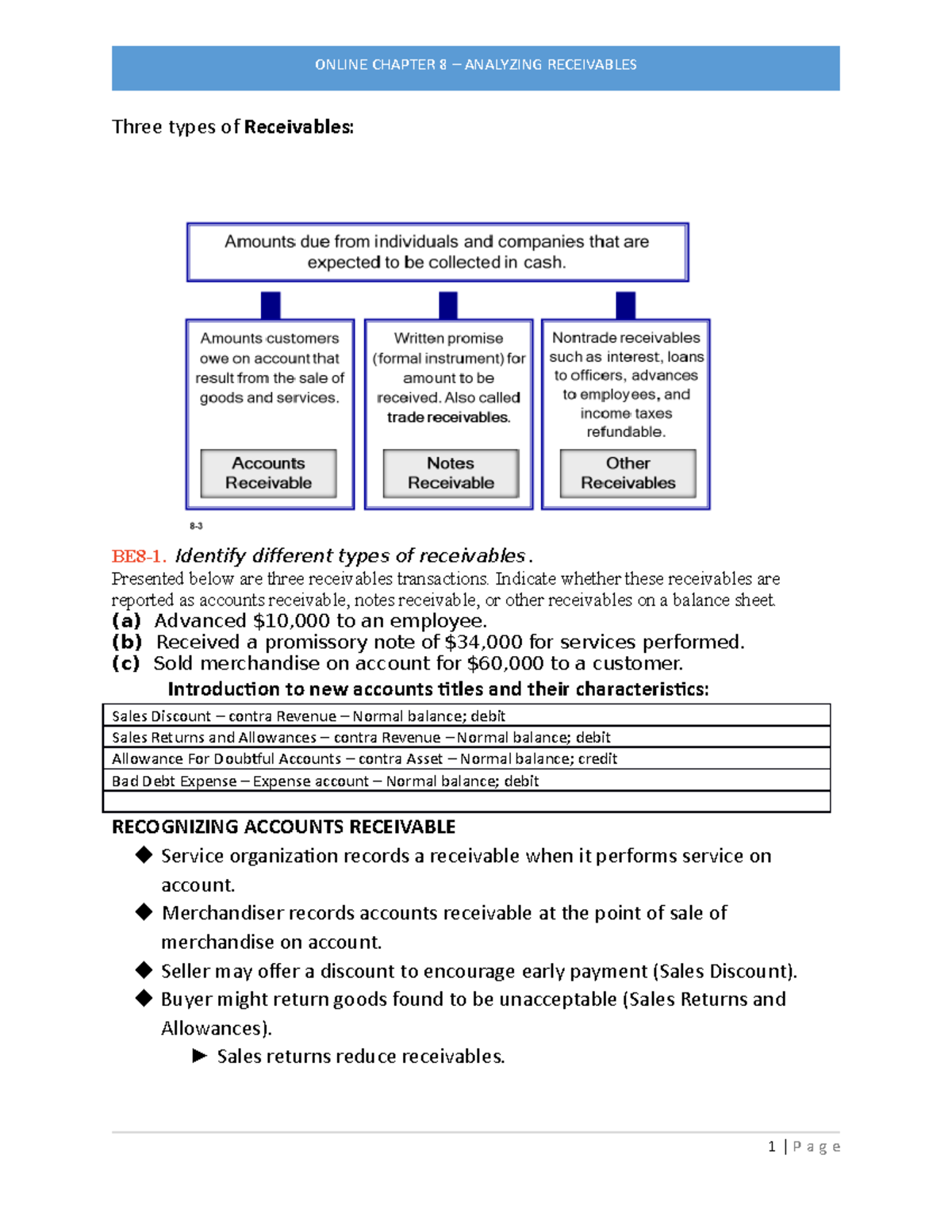 Online Chapter 8 Handout Final - Three Types Of Receivables: BE8-1 ...