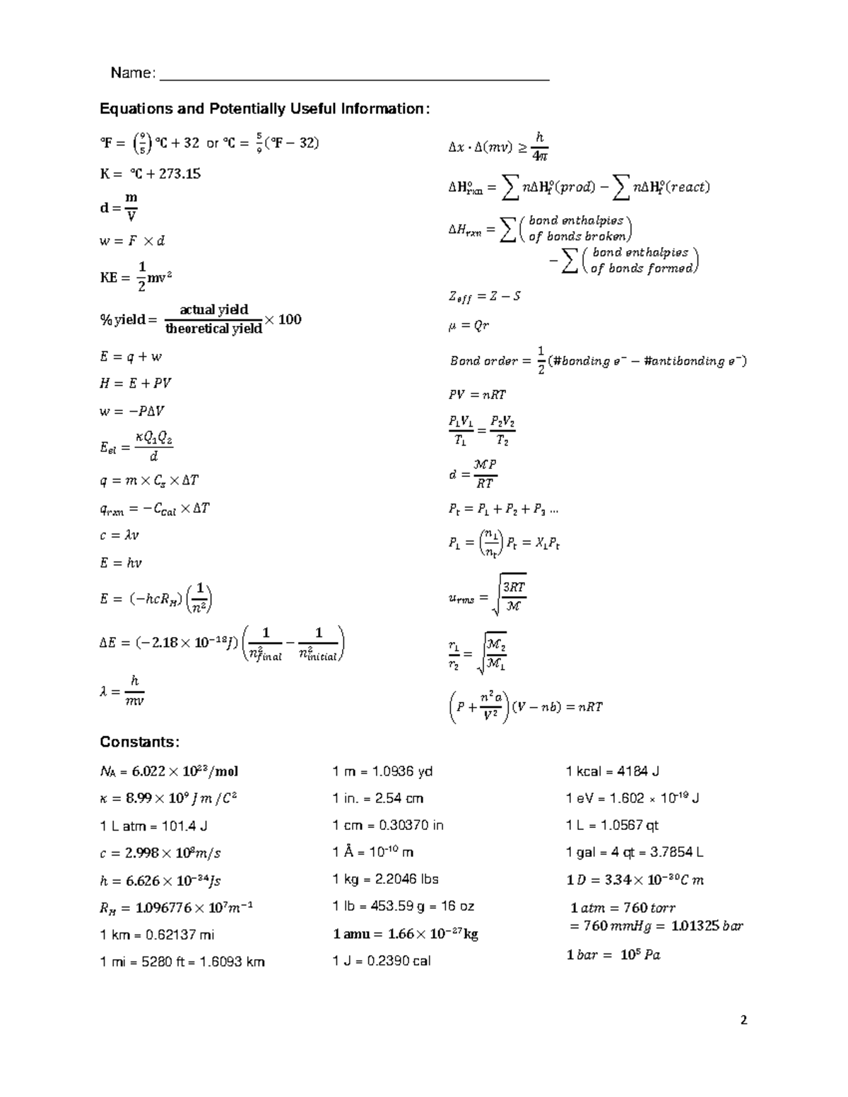 CHM 141 Final Exam equation sheet - Equations and Potentially Useful ...