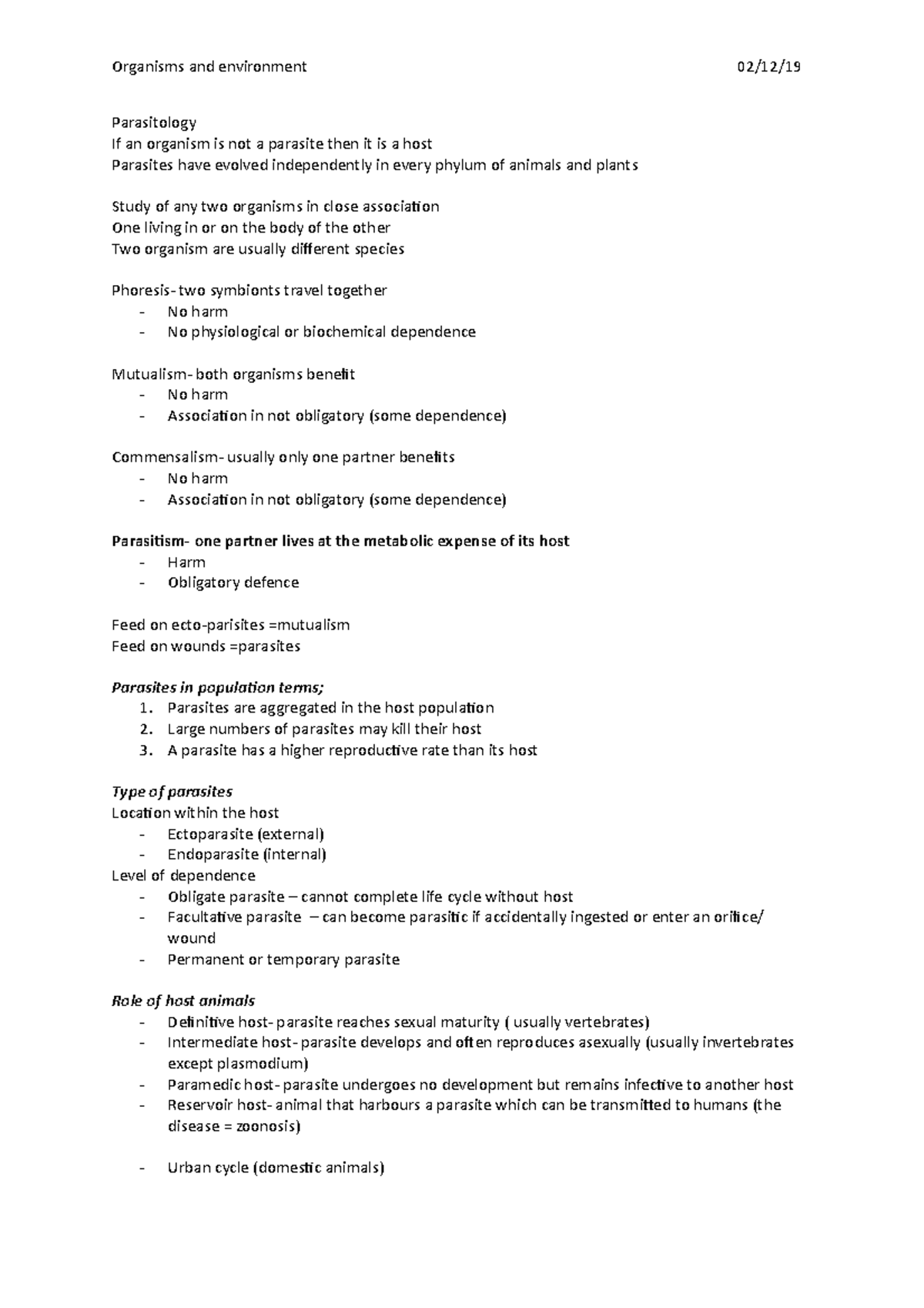 Parasitology 1&2 mini - Organisms and environment 02/12/ Parasitology ...