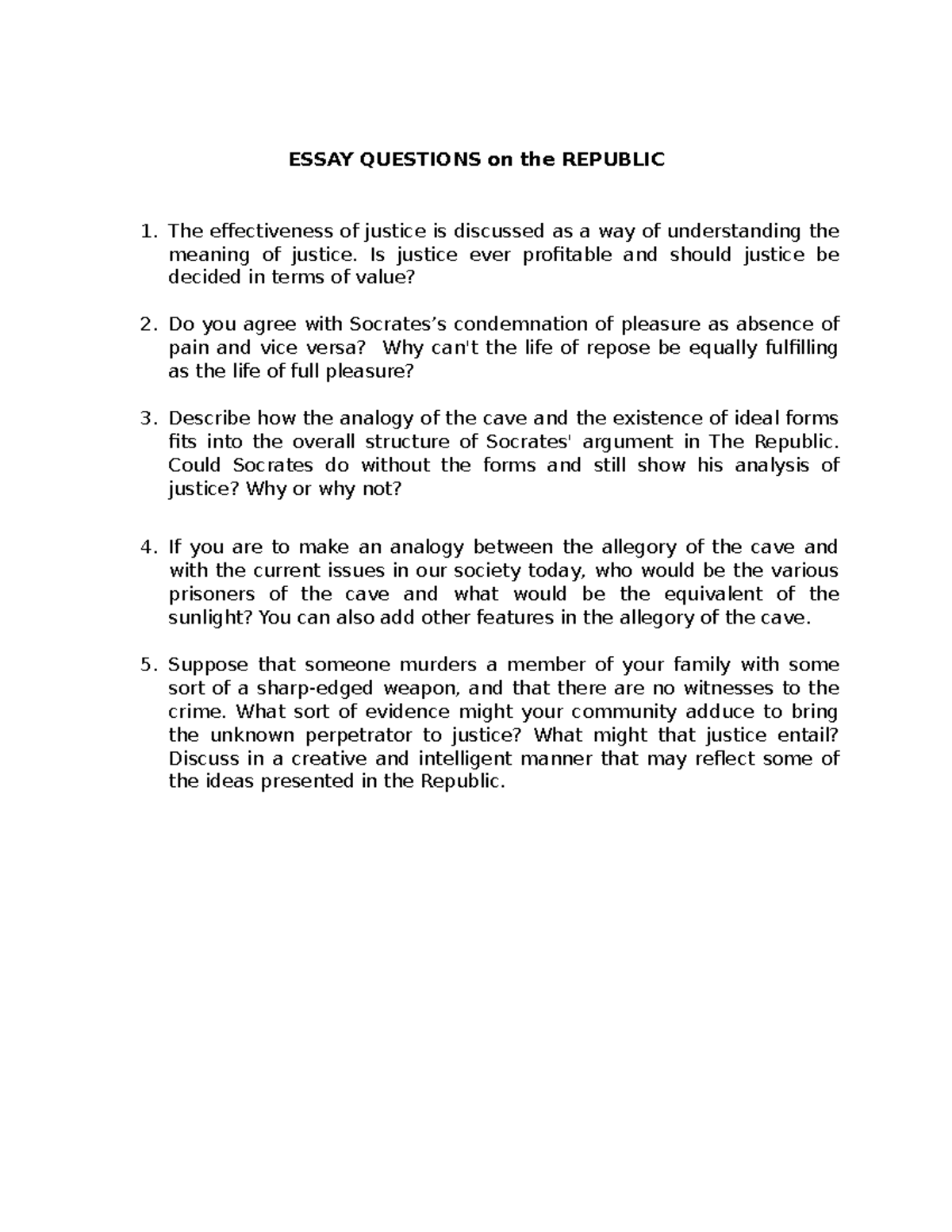 Essay on the Republic with Brief Questions - ESSAY QUESTIONS on the ...