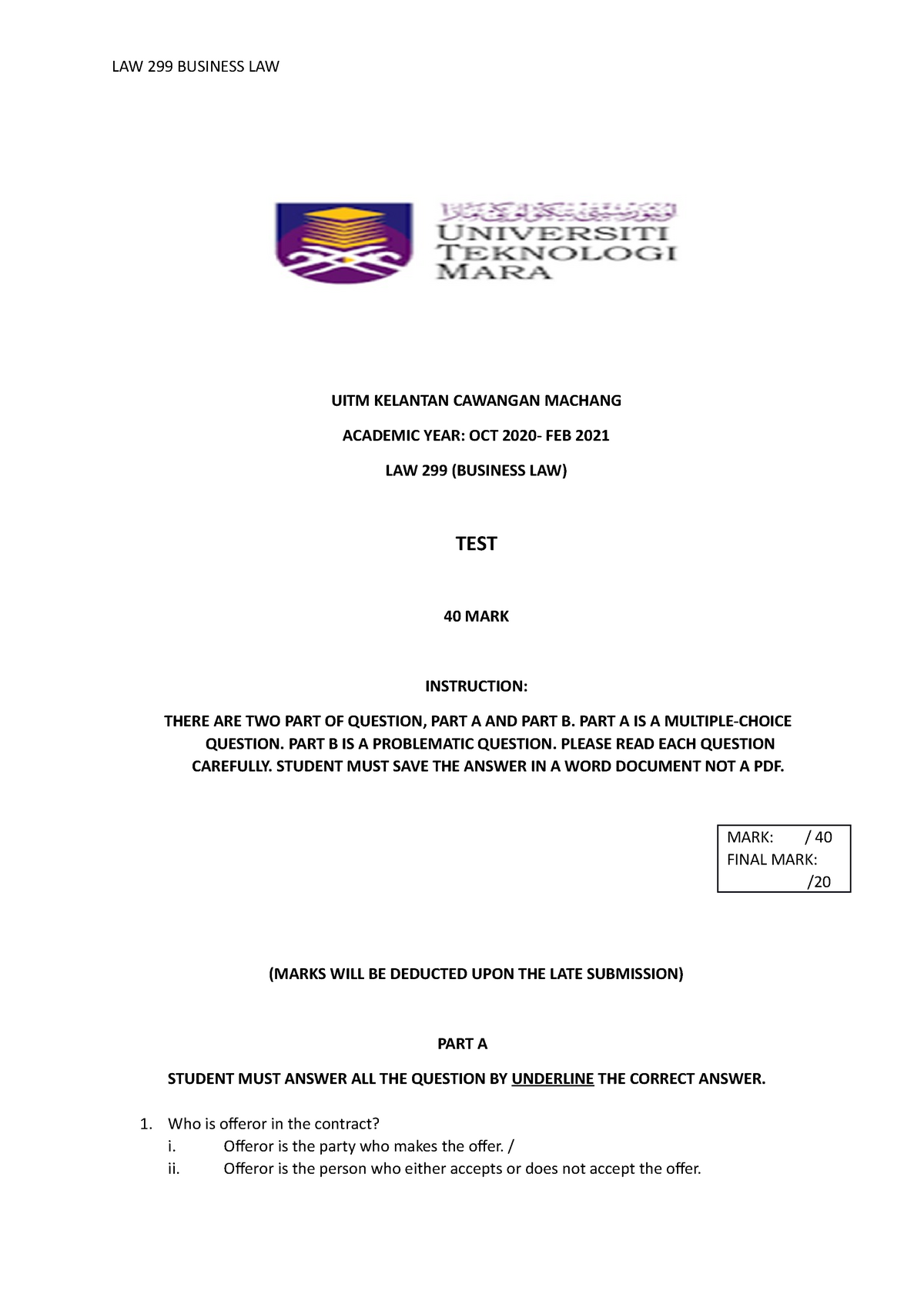 Test Law299 Answer Business Law Uitm Studocu