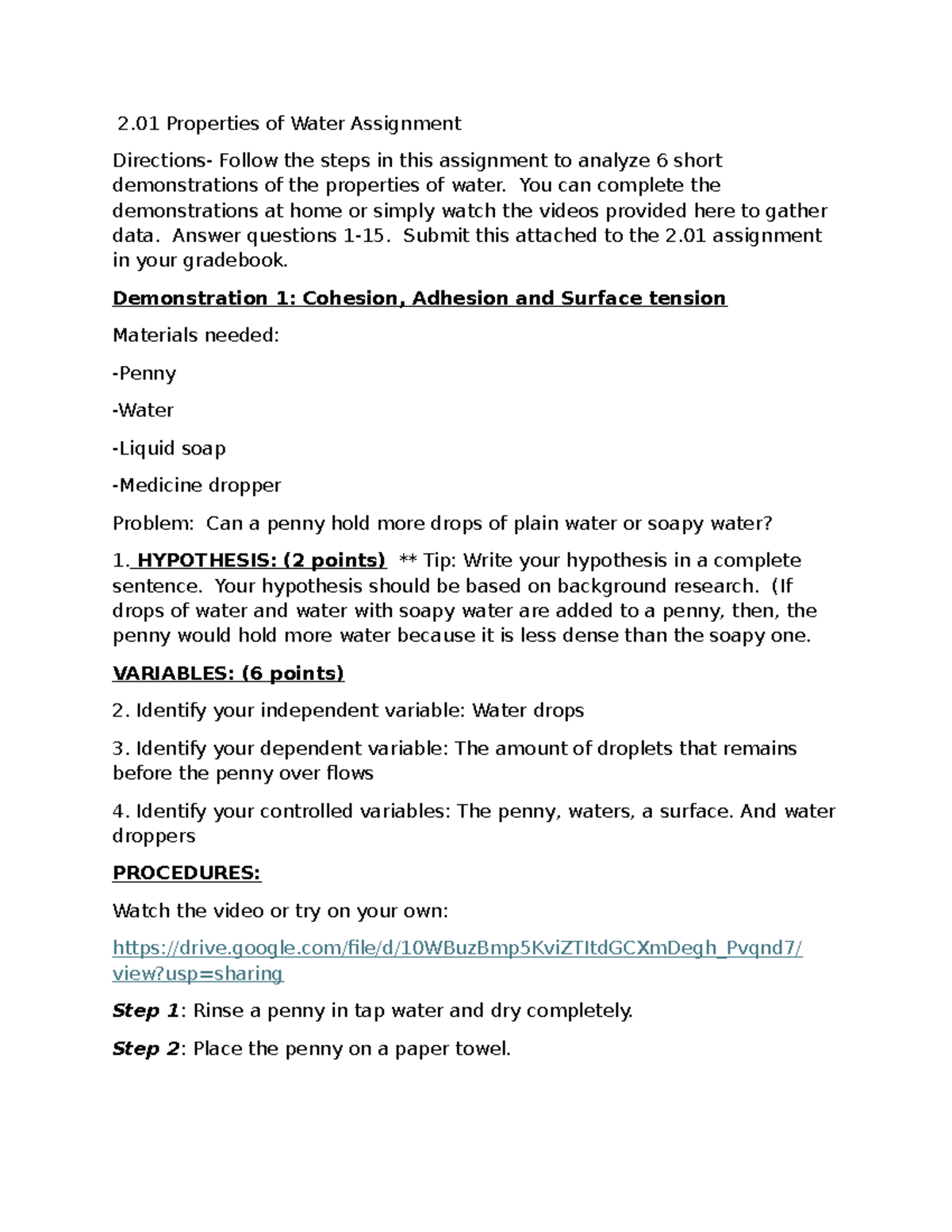 2uuuuu - give - 2 Properties of Water Assignment Directions- Follow the ...