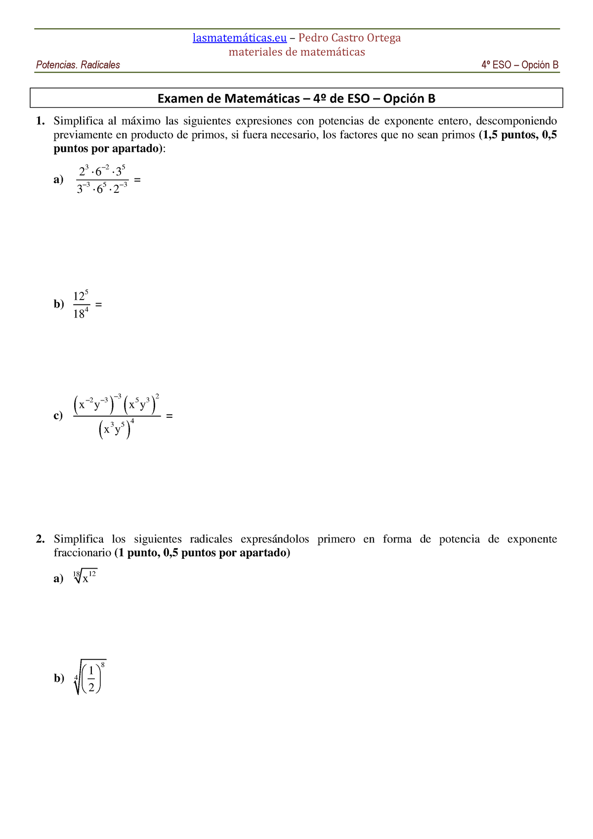 Examen Potencias Radicales Materiales De Matemticas Potencias Radicales Eso Opci N B