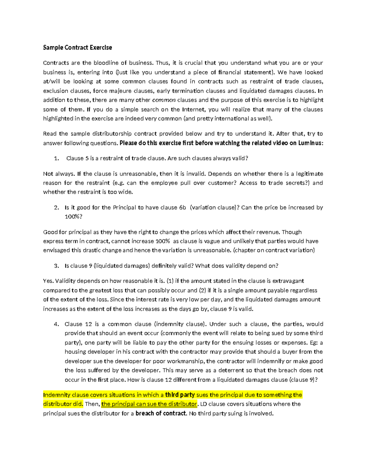 Bizlaw Notes Contract Drafting - Sample Contract Exercise Contracts are ...