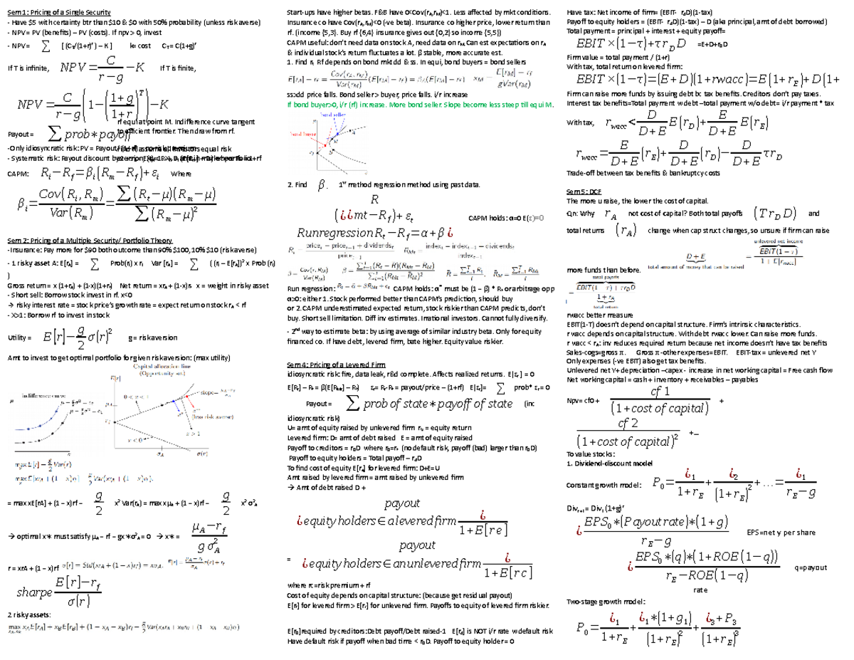 JING YUE'S Equity Securities Cheatsheet - Sem 1: Pricing of a Single ...