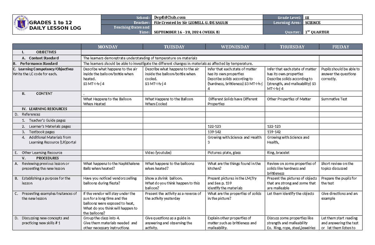 DLL Science 3 Q1 W8 - sasa - GRADES 1 to 12 DAILY LESSON LOG School ...