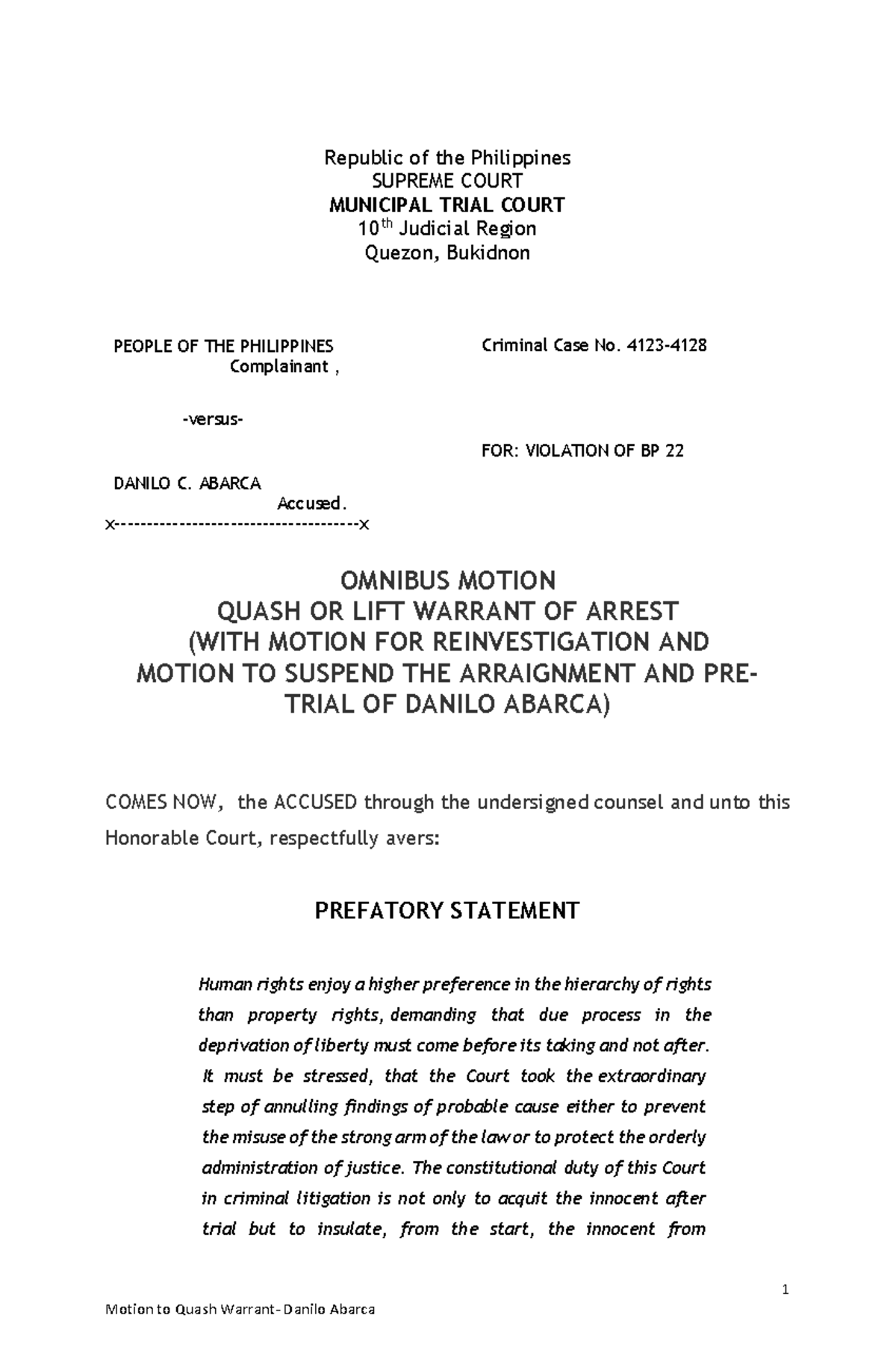 Motion To Quash - 1 Republic Of The Philippines SUPREME COURT MUNICIPAL ...