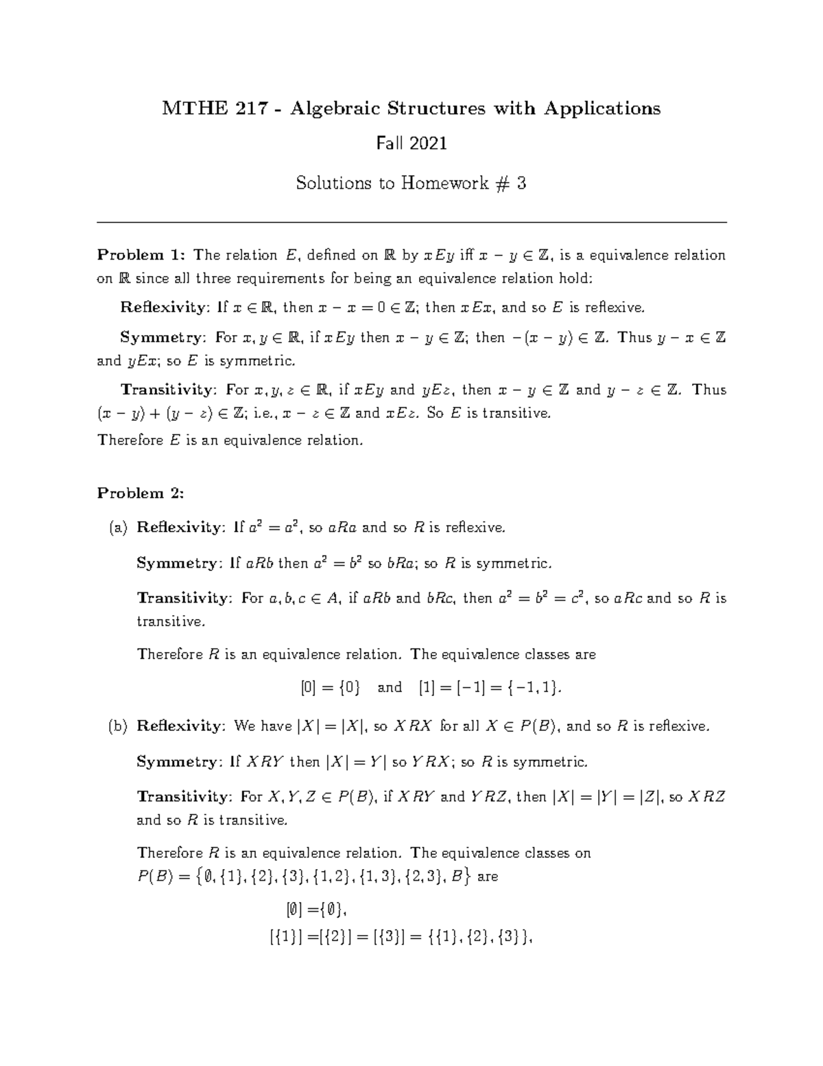 Hw3 Sol - Hw3 Solutions - Math 217 - Algebraic Structures With - StuDocu