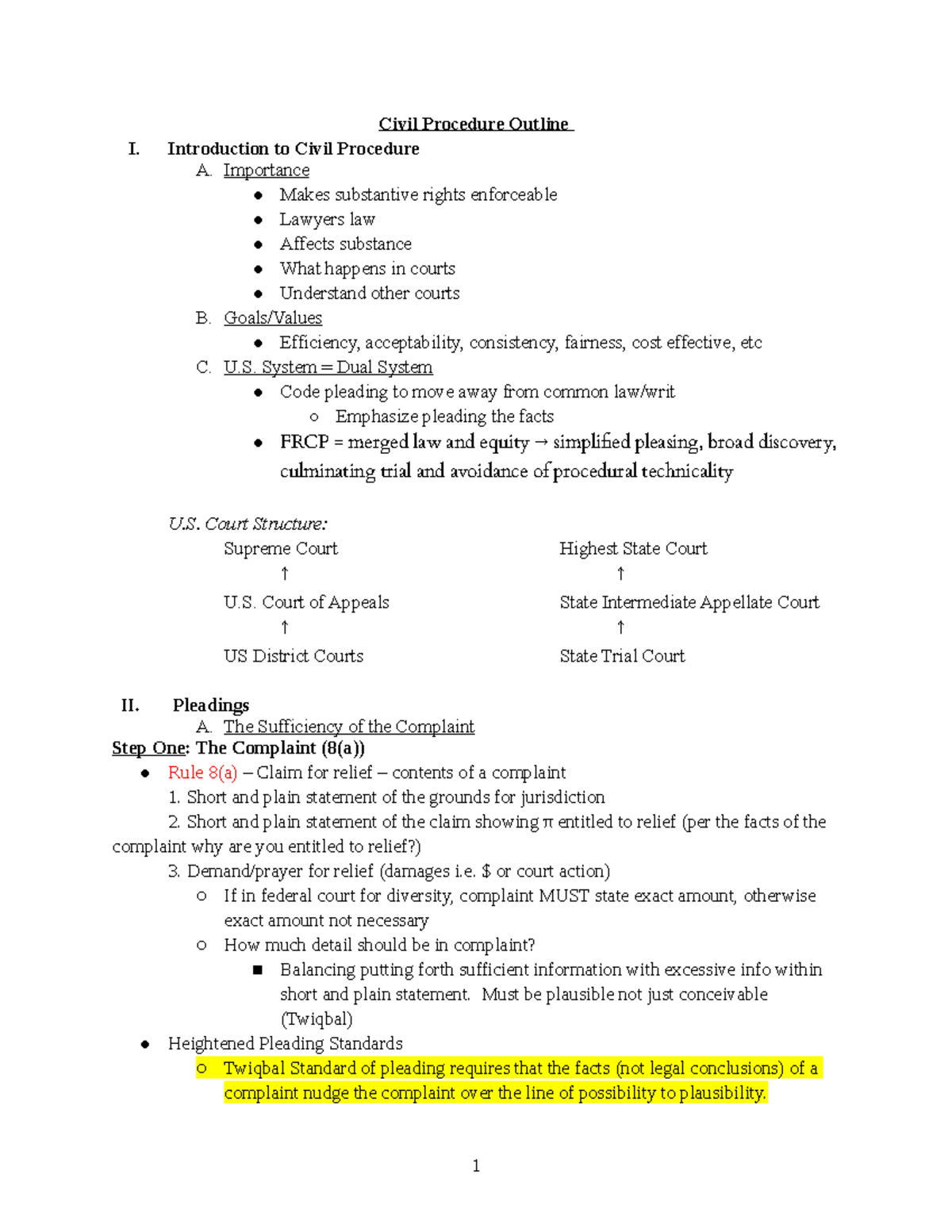 Civ Pro Outline - Civil Procedure Outline I. Introduction To Civil ...