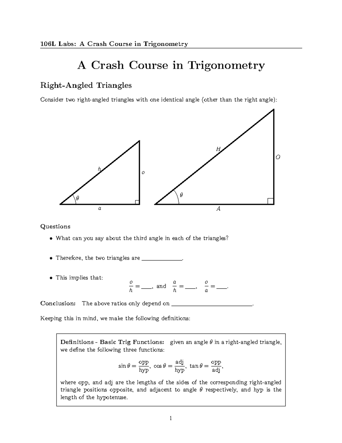 Lab1 A Crash Course In Trig Math106 Calculus Studocu