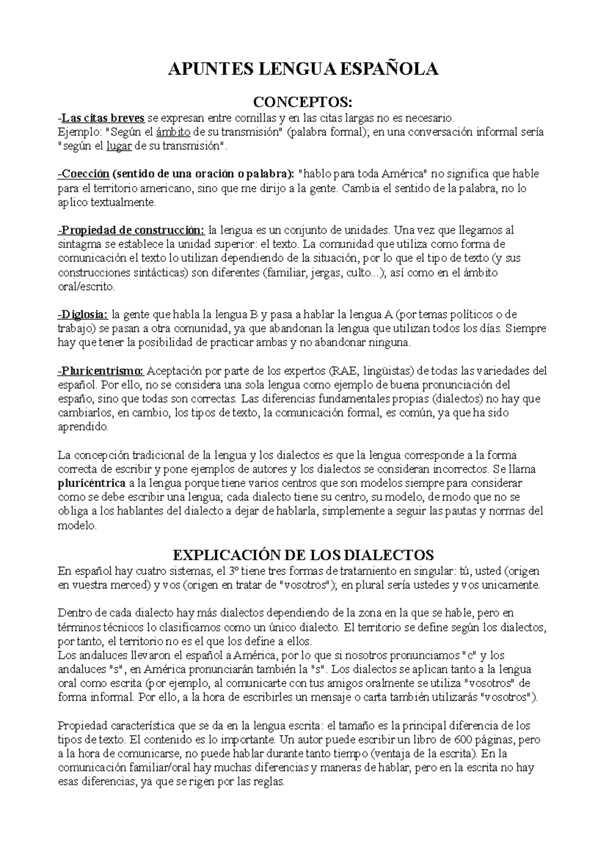 Diferencia Entre Lengua Y Dialecto Rae Apuntes y ejercicios lengua española - APUNTES LENGUA ESPAÑOLA CONCEPTOS:  -Las citas breves se - StuDocu
