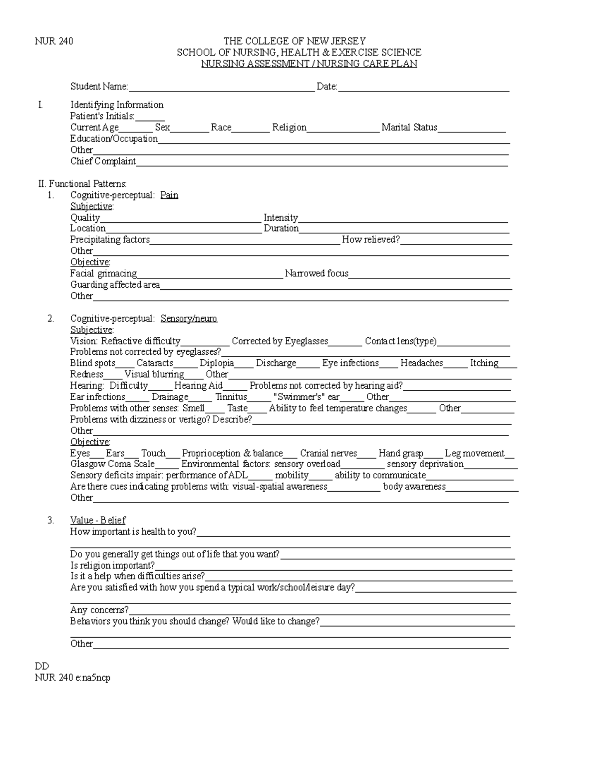 Assessment Pain-Sensory Neuro - NUR 240 THE COLLEGE OF NEW JERSEY ...