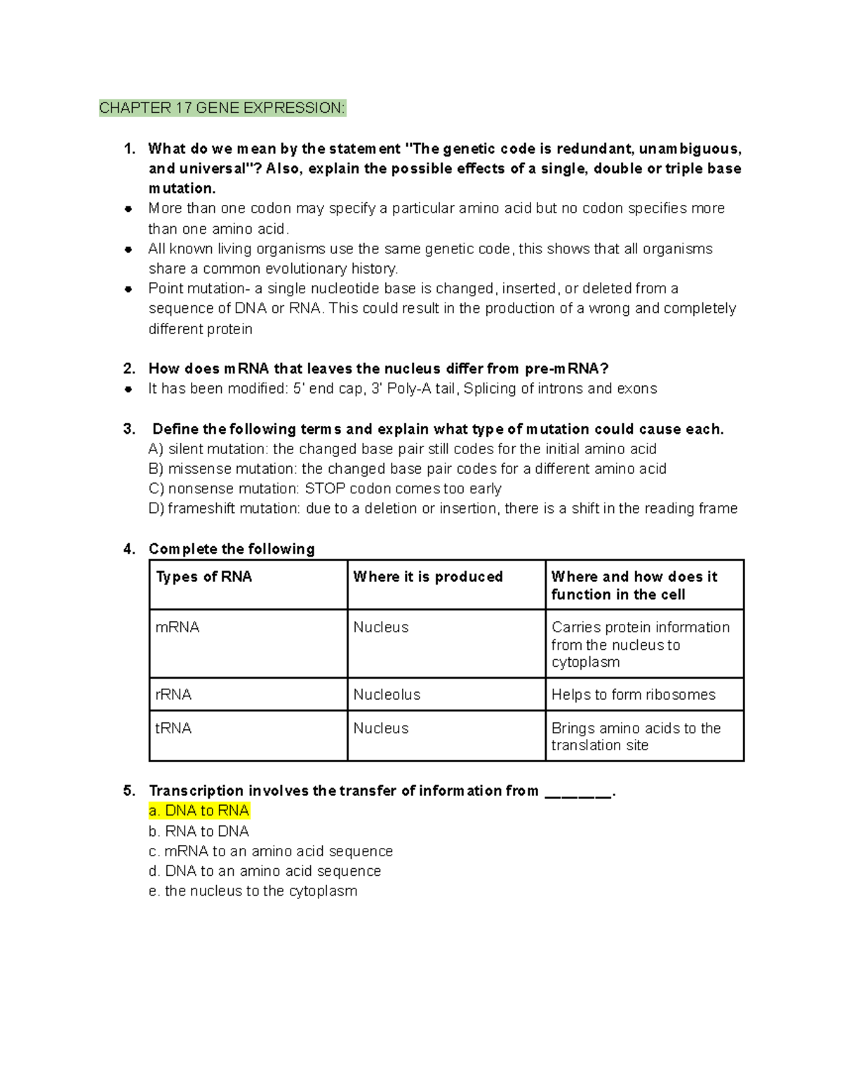 General Biology 1 Chapter 17 Gene Expression Studyguide Part 1 ...