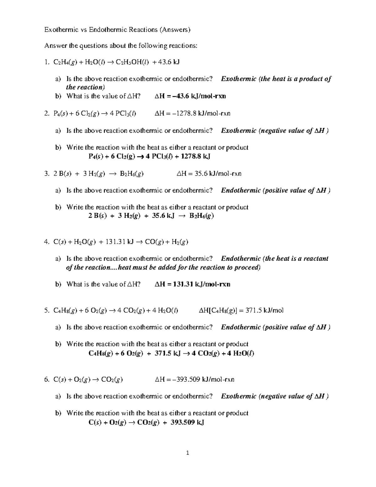 Exothermic Vs Endothermic Reactions Worksheet Answers 1 Exothermic Vs Endothermic Reactions 8147