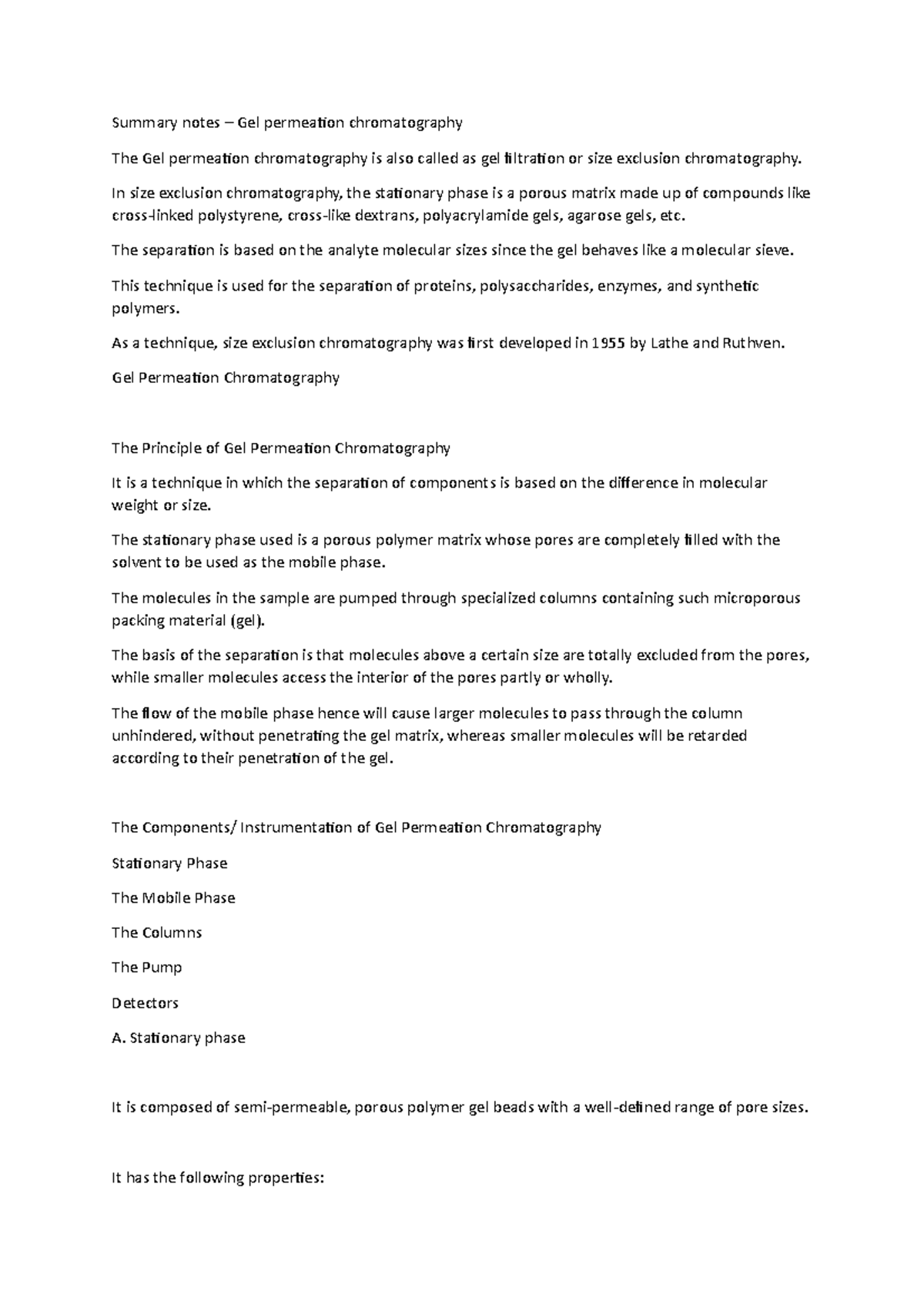 Summary notes Gel permeation chromatography Summary notes Gel