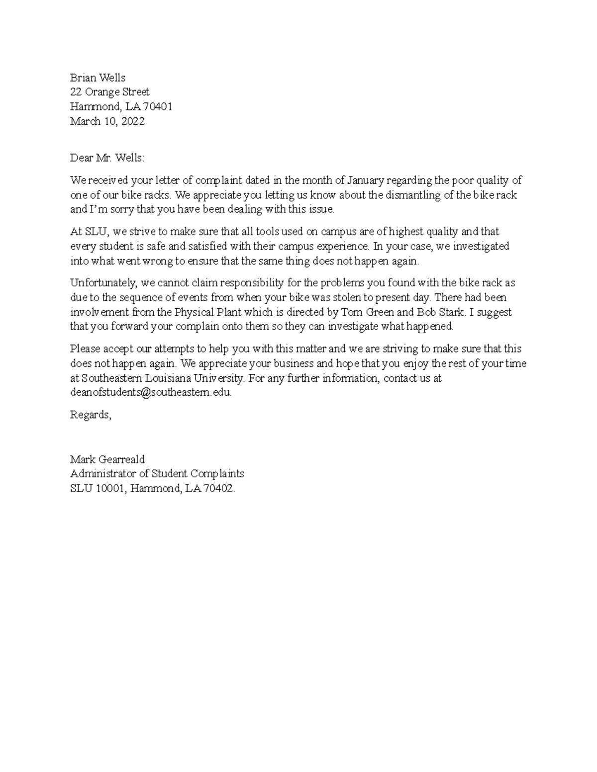 Bike Letter Rejection Letter - Brian Wells 22 Orange Street Hammond, LA ...