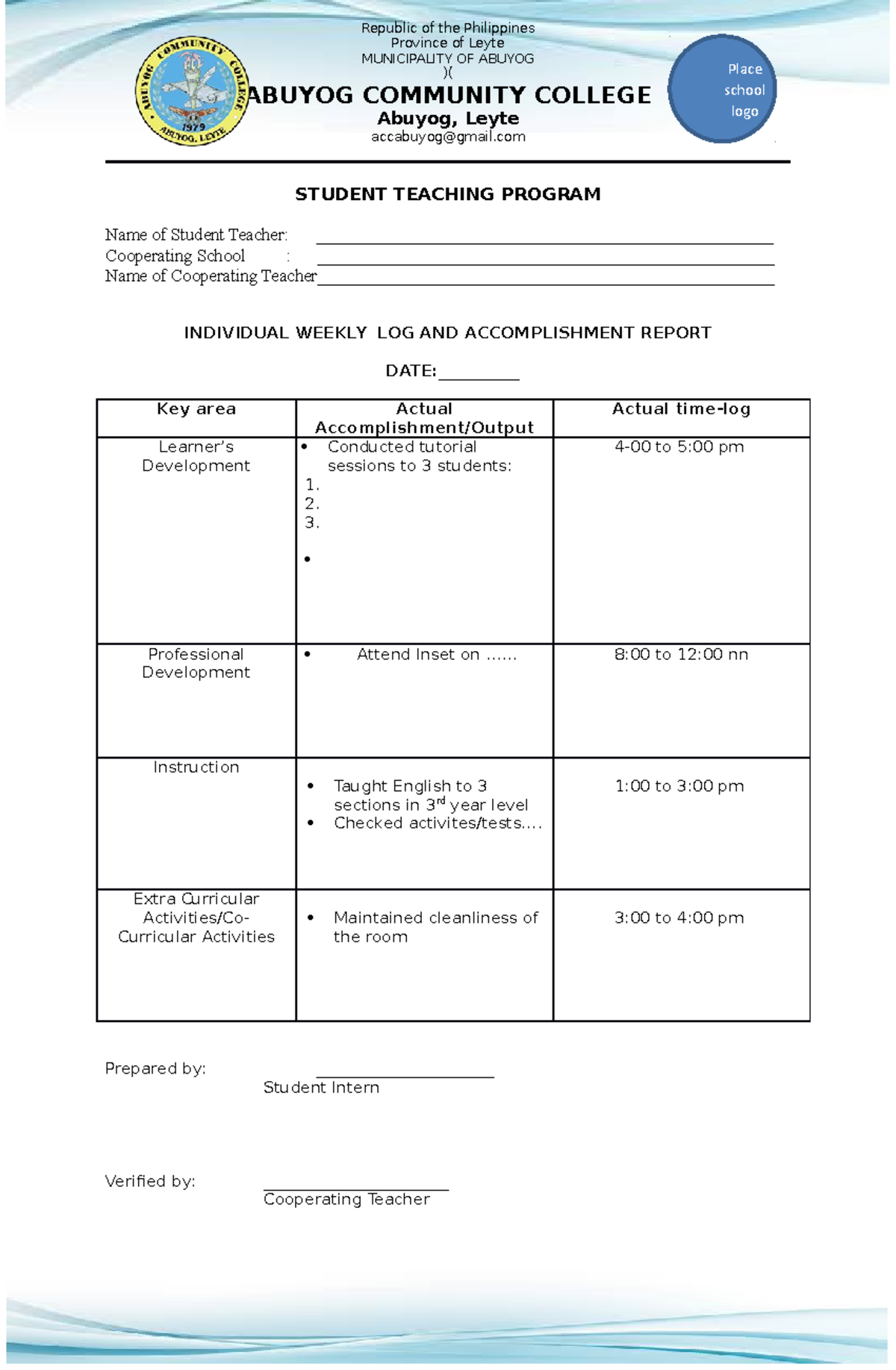 Student i Nternship Accmplishment Report - Republic of the Philippines ...
