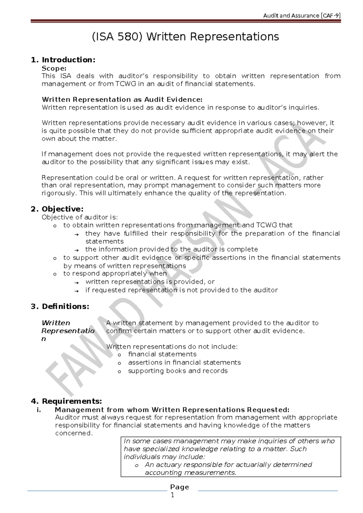 management representation letter isa 580