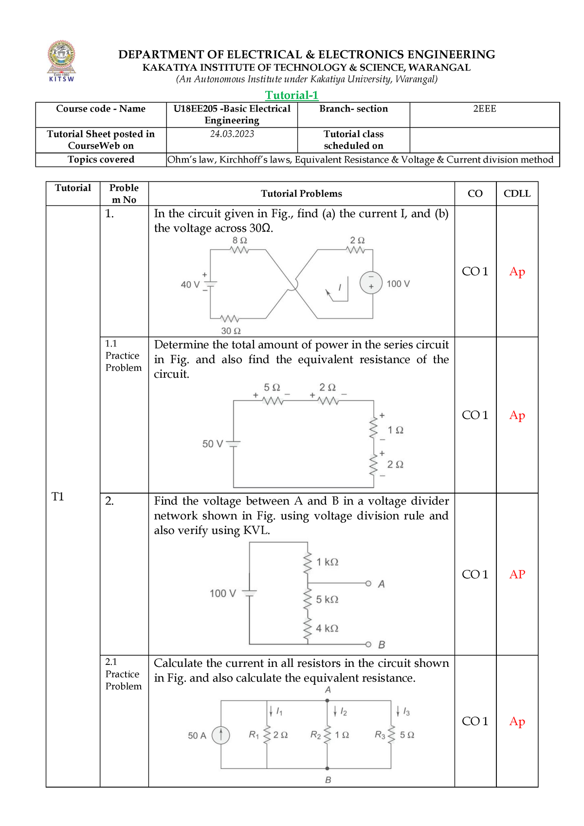 Tutorial 1BEE - Important Questions In Basic Electrical Engineering ...