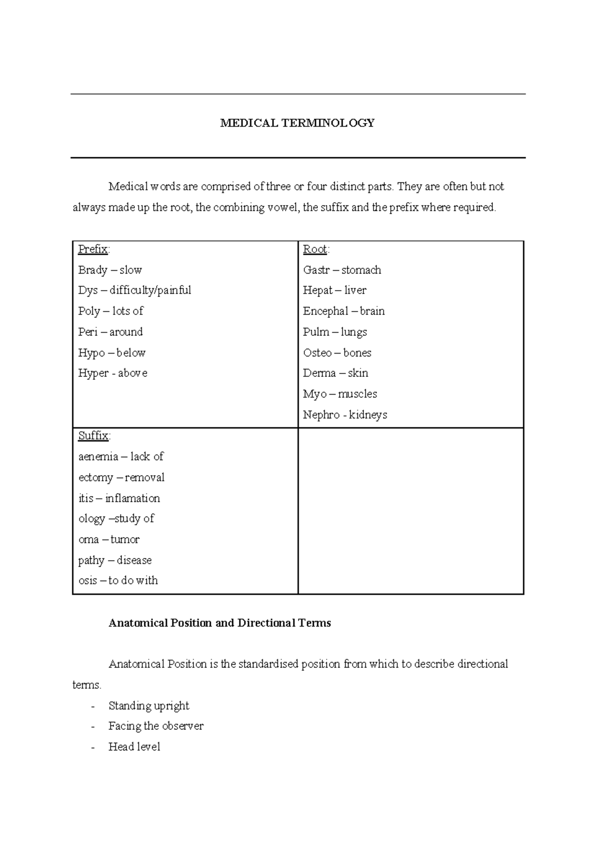 Medical Terminology Lecture notes 1 MEDICAL TERMINOLOGY Medical