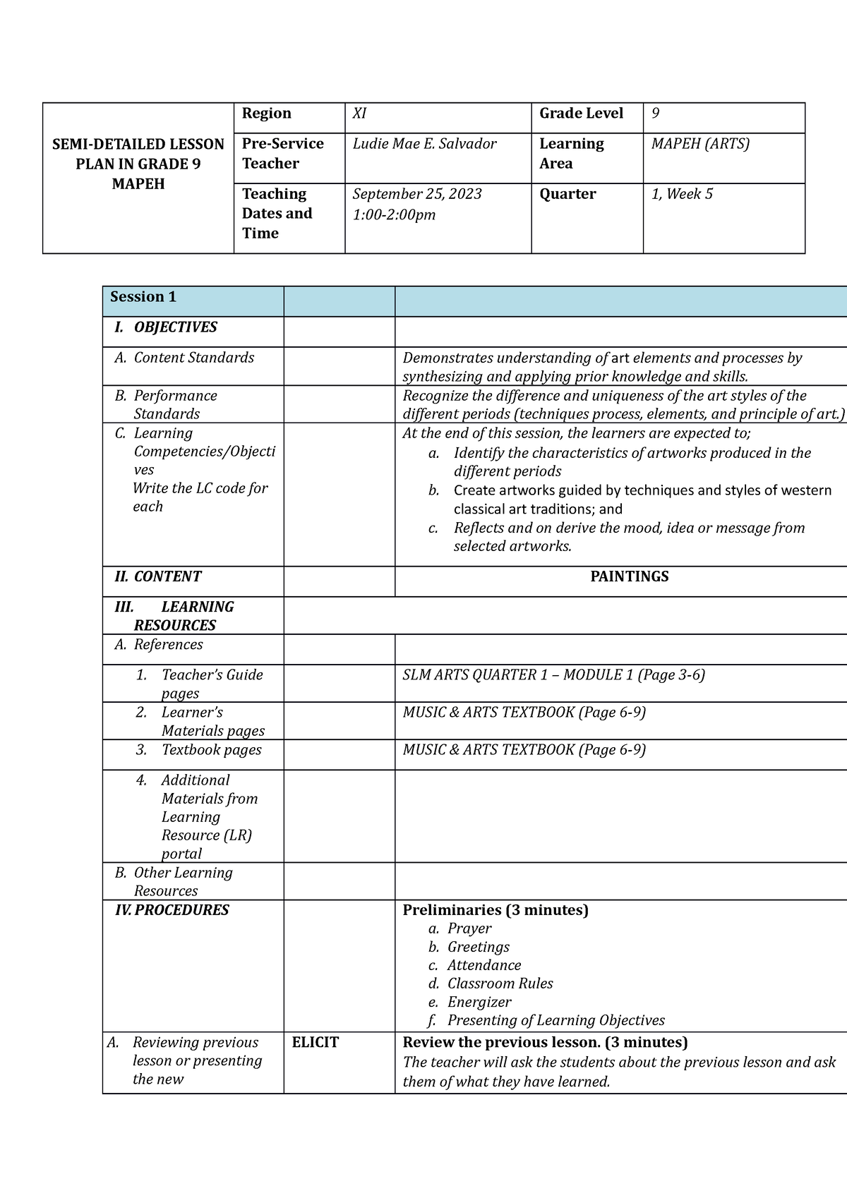 LP-salvador- Painting-1-1 - SEMI-DETAILED LESSON PLAN IN GRADE 9 MAPEH ...