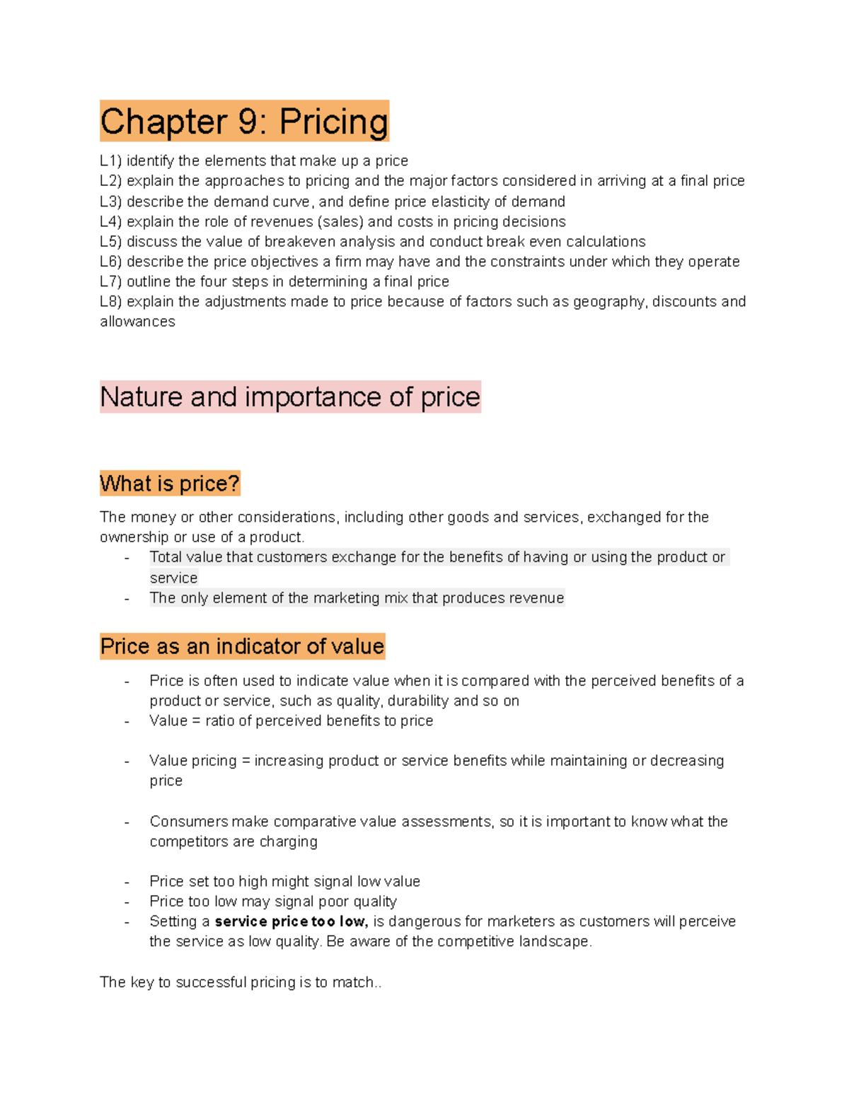 Chapter 9 Pricing - Chapter 9: Pricing L1) identify the elements that ...