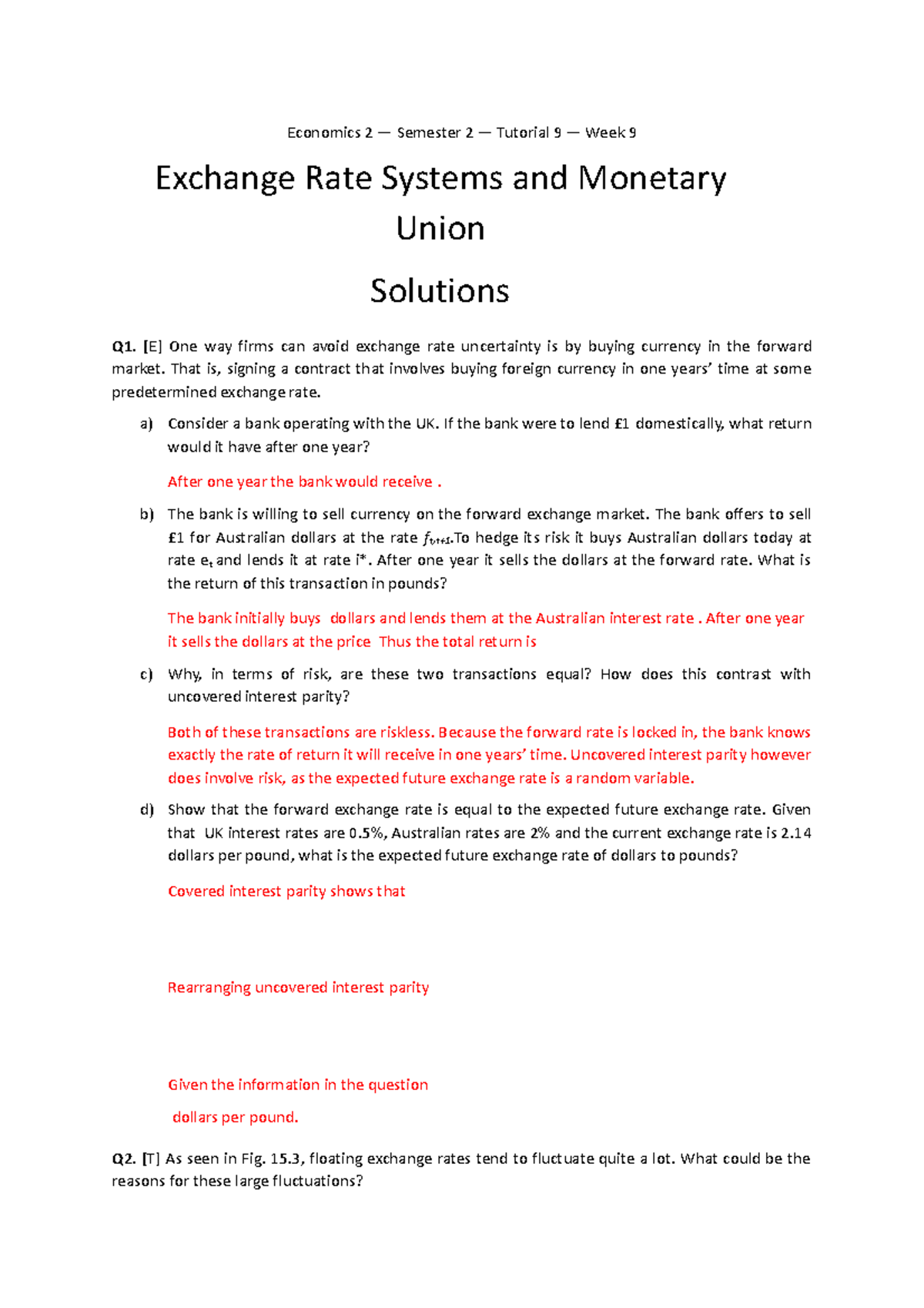 Tutorial 9 Economics 2 Macro Solutions Economics 2 Semester 2