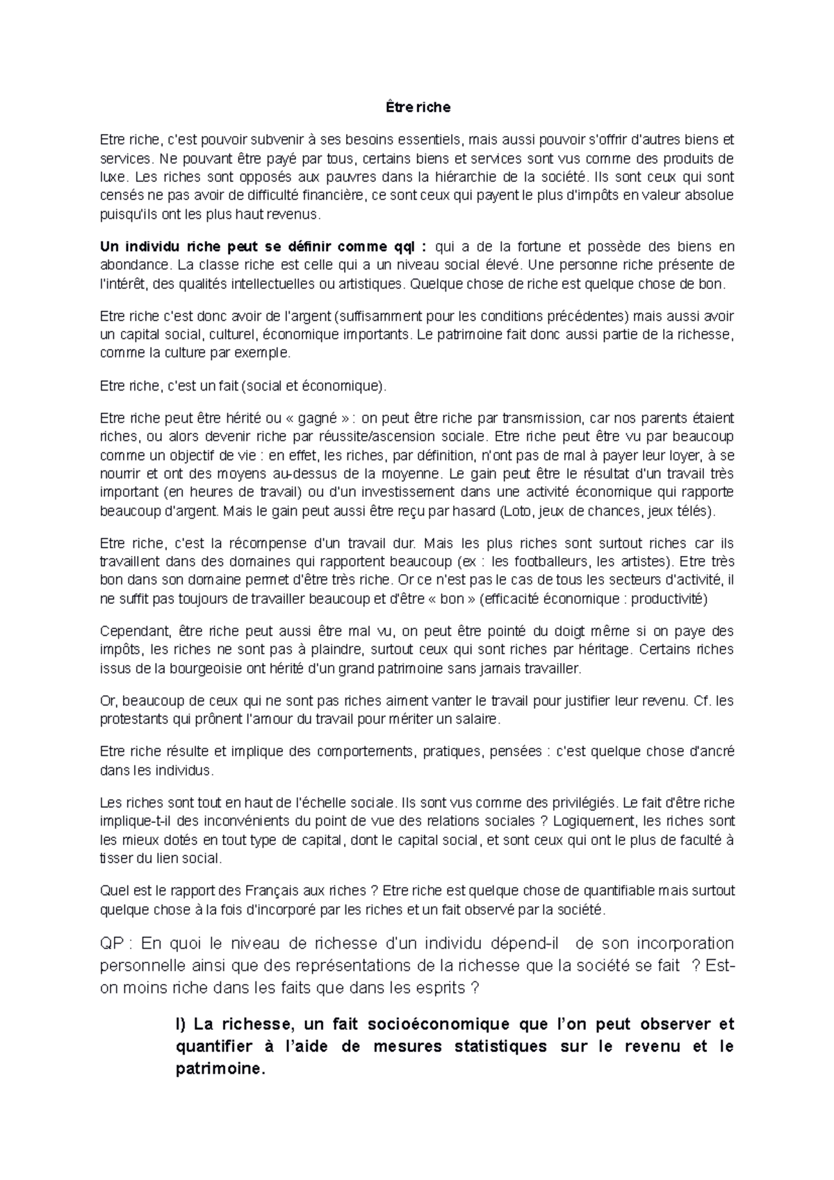 Colle 2 ETRE Riche 1 - Être riche Etre riche, c’est pouvoir subvenir à ...