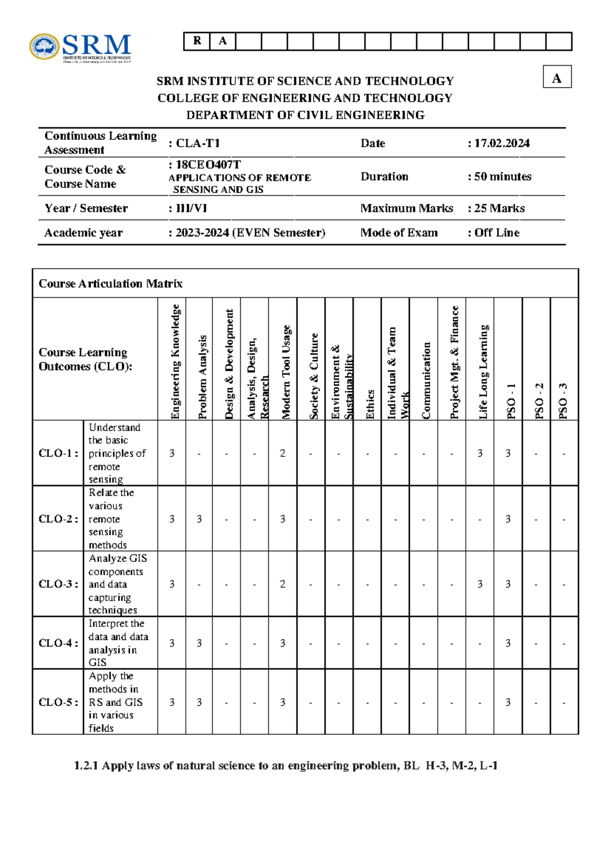 18CEO407T Application of RS and GIS CTI A - SRM INSTITUTE OF SCIENCE ...