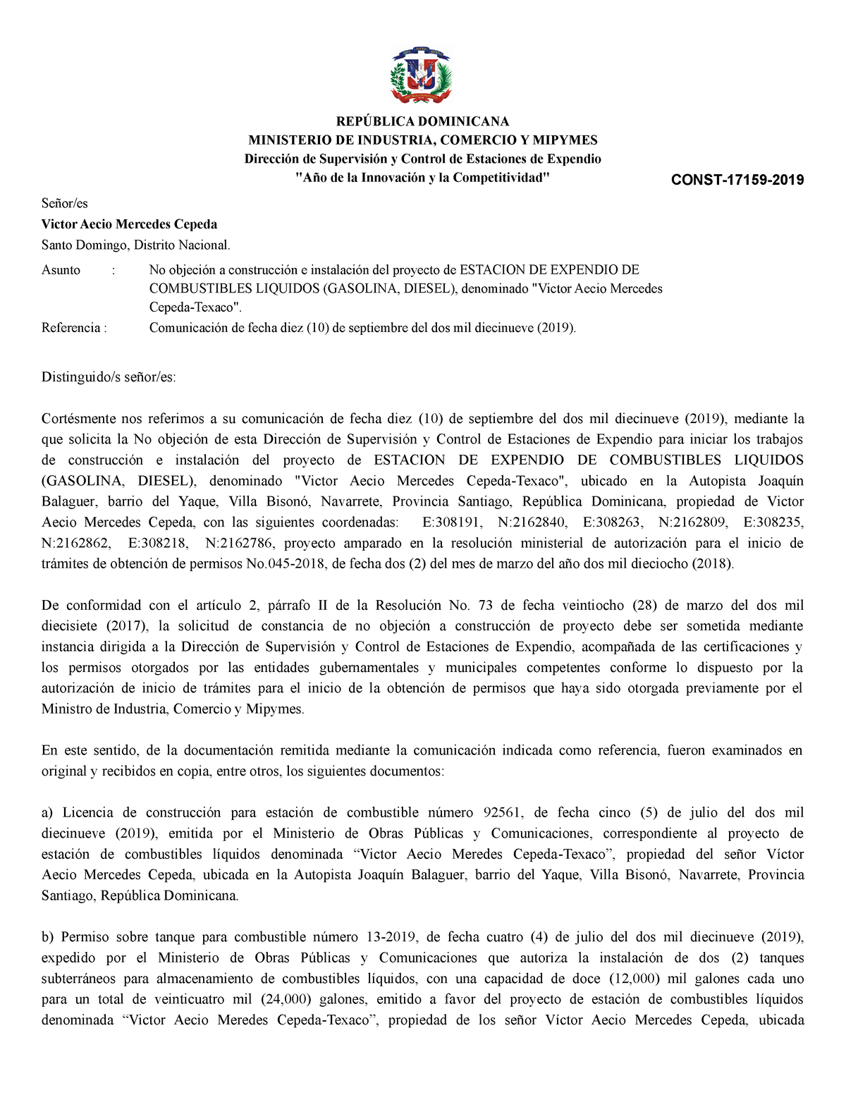 Carta No Objecion A Construccion Navarrete Micm RepÚblica Dominicana Ministerio De Industria 0765