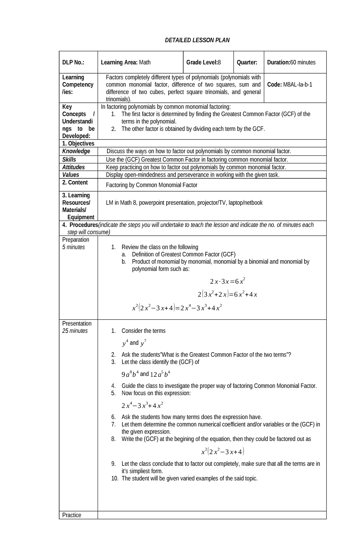 Dlp1 Math8q1 - DETAILED LESSON PLAN DLP No.: Learning Area: Math Grade ...