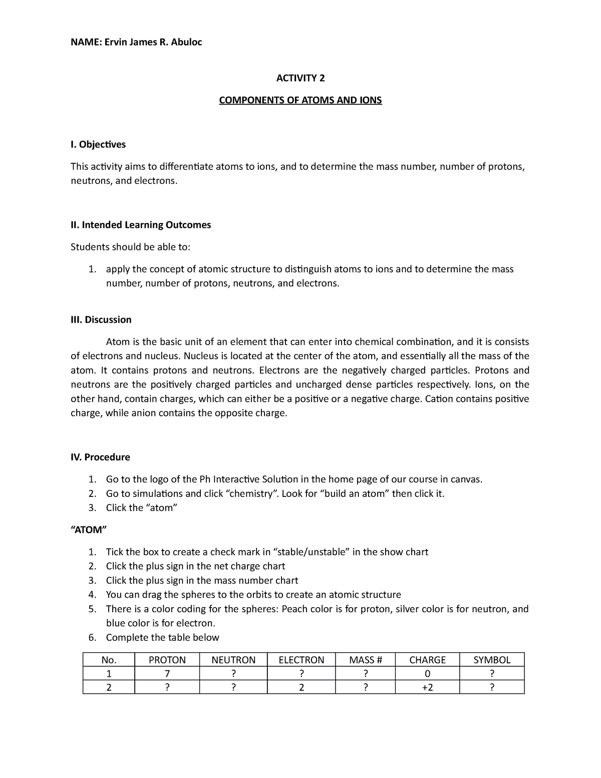 CHEM 001C Activity 2 Abuloc - ACTIVITY 2 COMPONENTS OF ATOMS AND IONS I ...