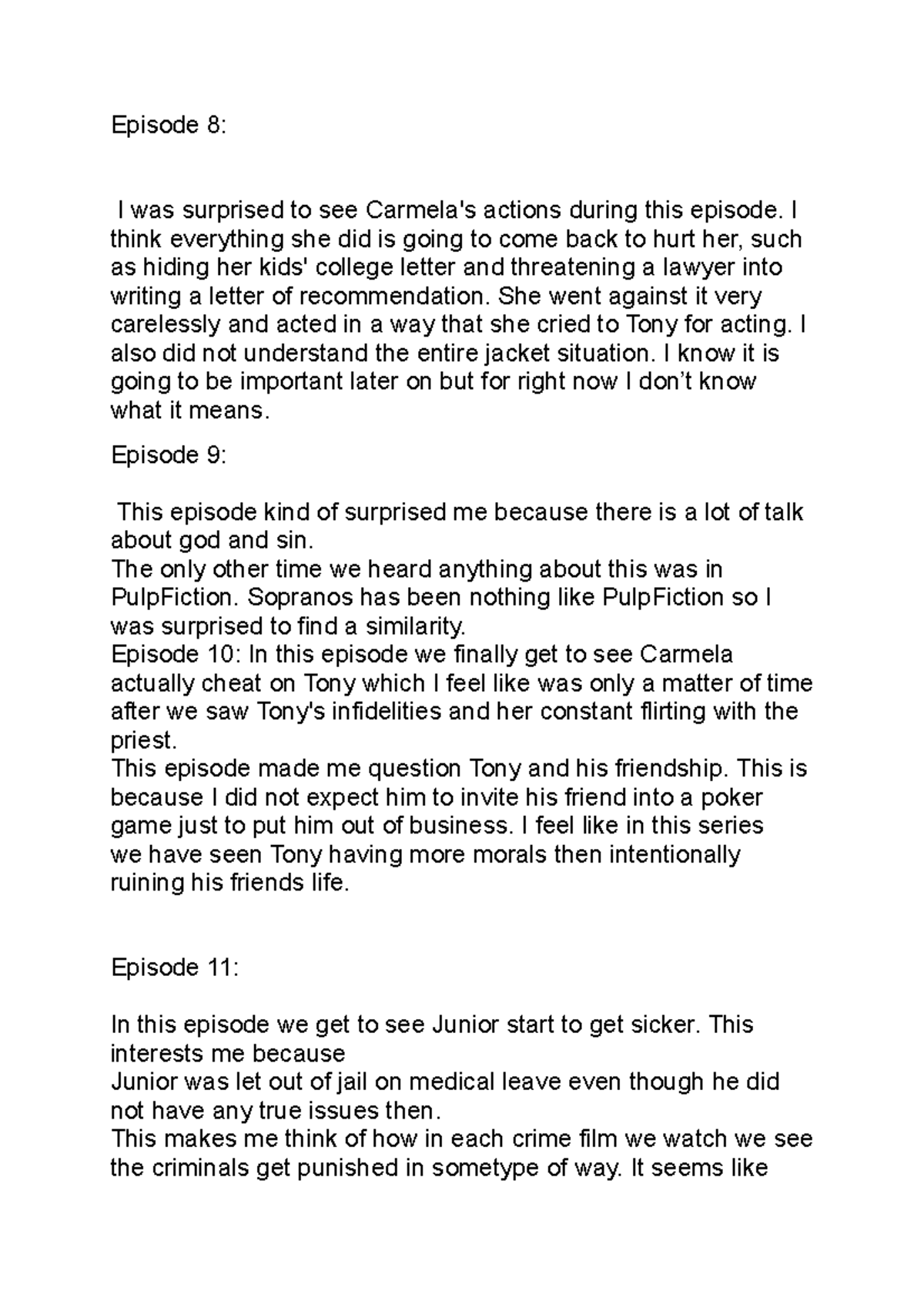 Epsiode 811 Sopranos personal notes reflection Episode 8 I was