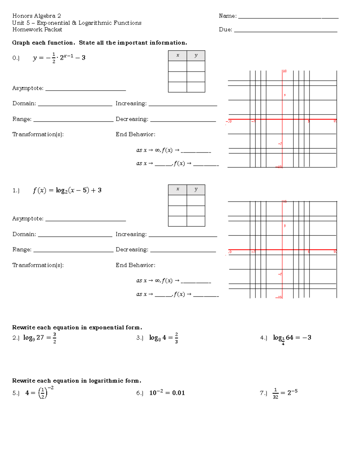 Unit 5 - Homework Packet - Honors Algebra 2 Name ...