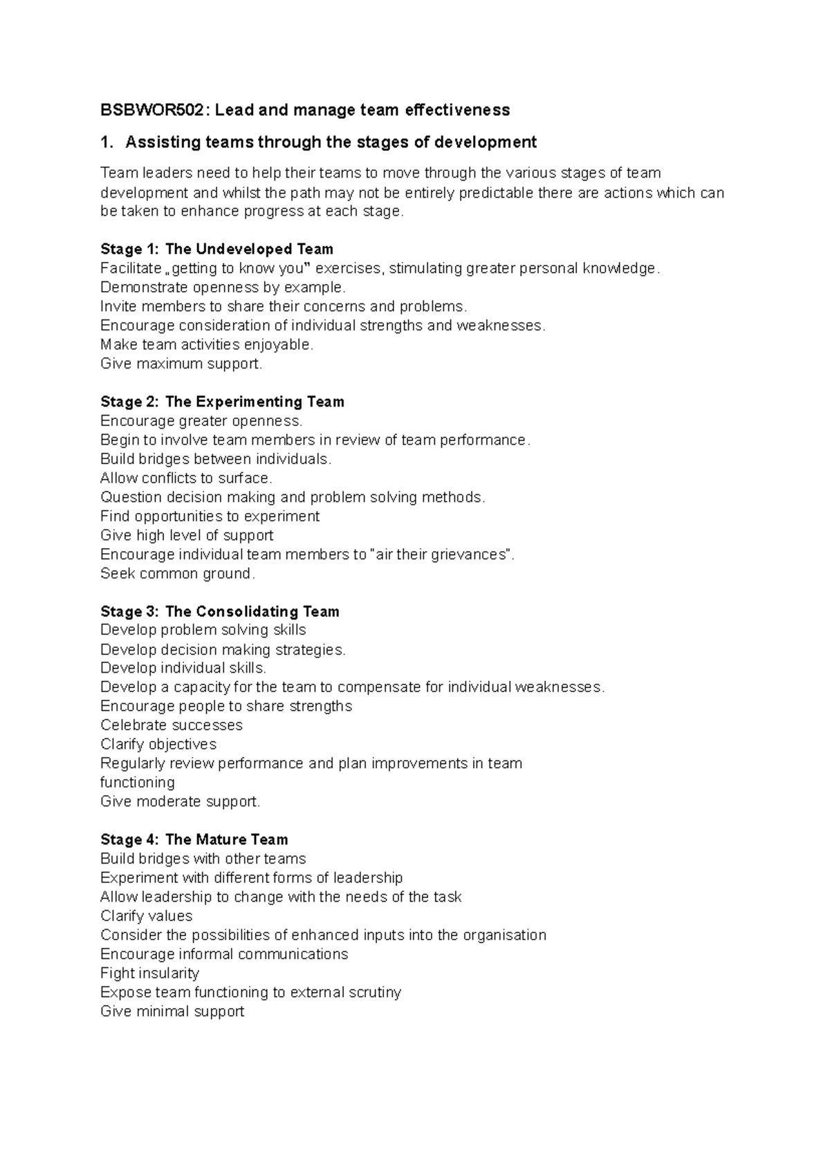 Effective team leadership and communication checklist - BSBWOR502: Lead ...