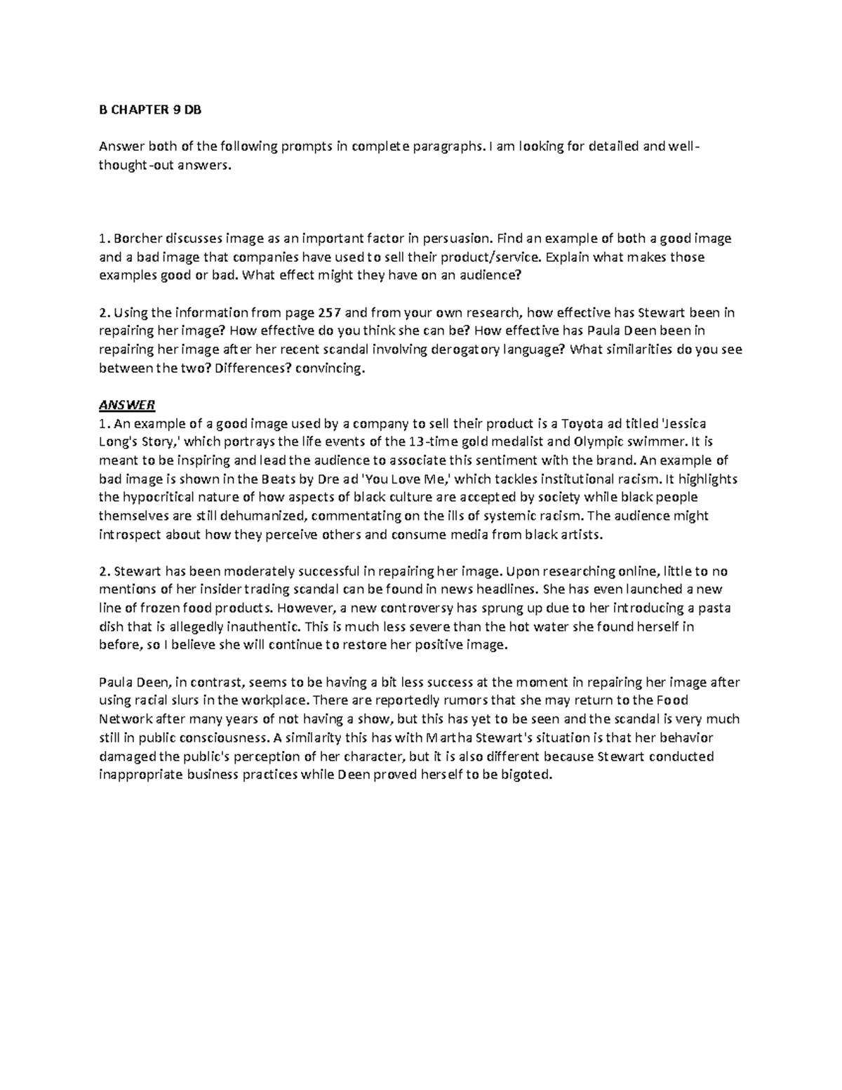 B Chapter 9 DB - Discussion Board Post - B CHAPTER 9 DB Answer both of ...