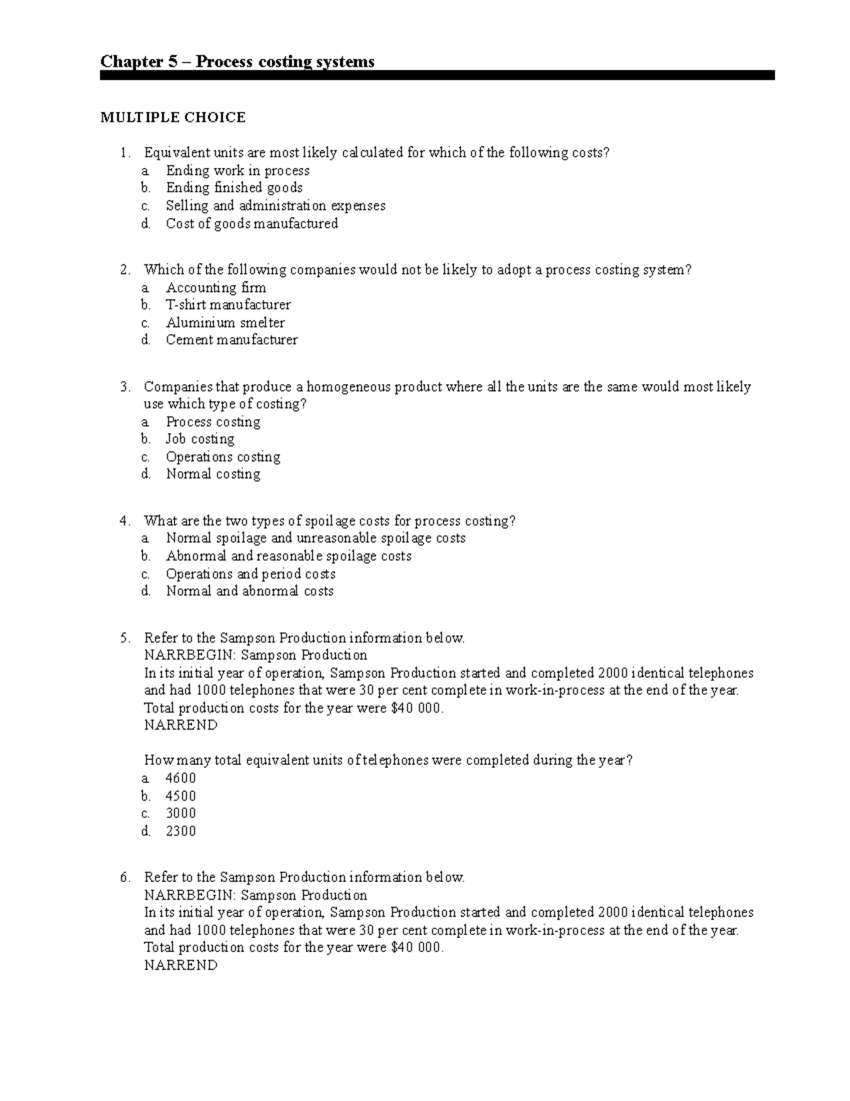 Chapter 5 Process costing systems - Chapter 5 – Process costing systems ...