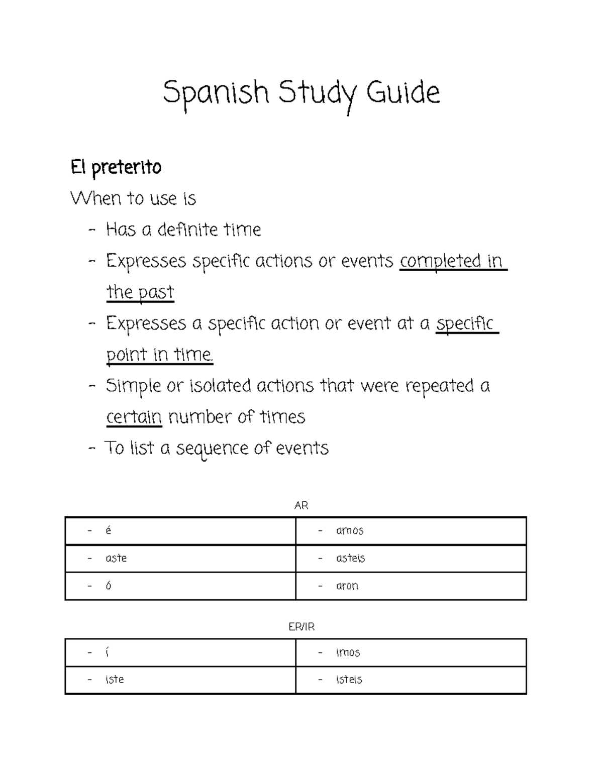 Spanish Study Guide Conjugations Spanish Study Guide El Preterito When To Use Is Has A