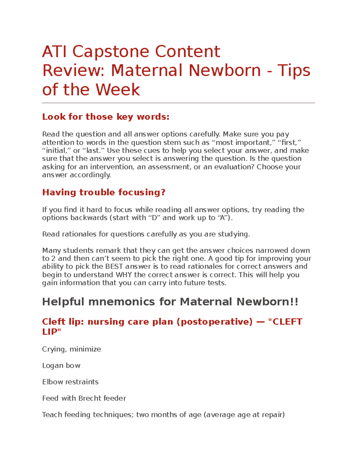 ATI Capstone Content Review Maternal Newborn Tips Of The Week - ATI ...