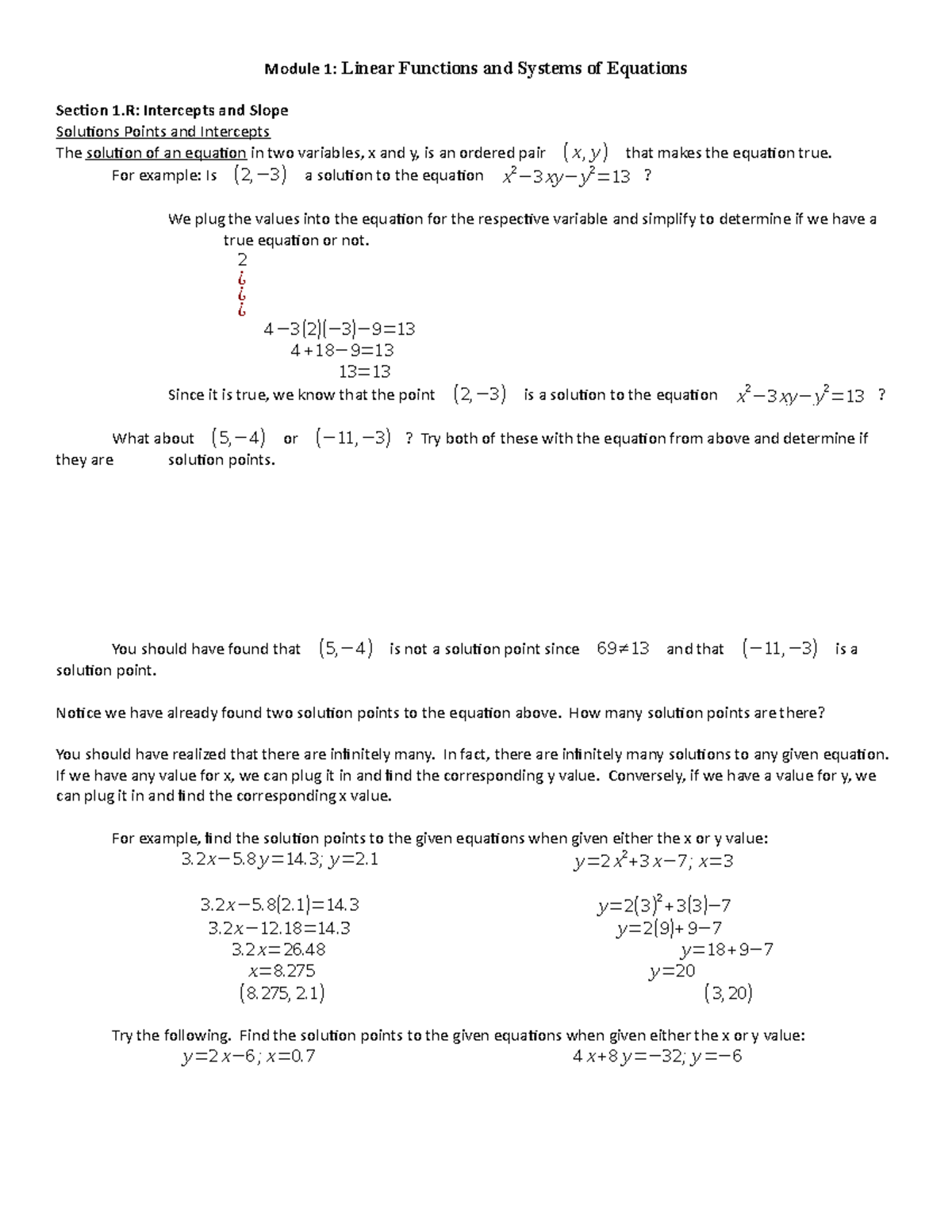 1324 Module 1 Notes Liner Equation Module 1 Linear Functions And Systems Of Equations Section Studocu