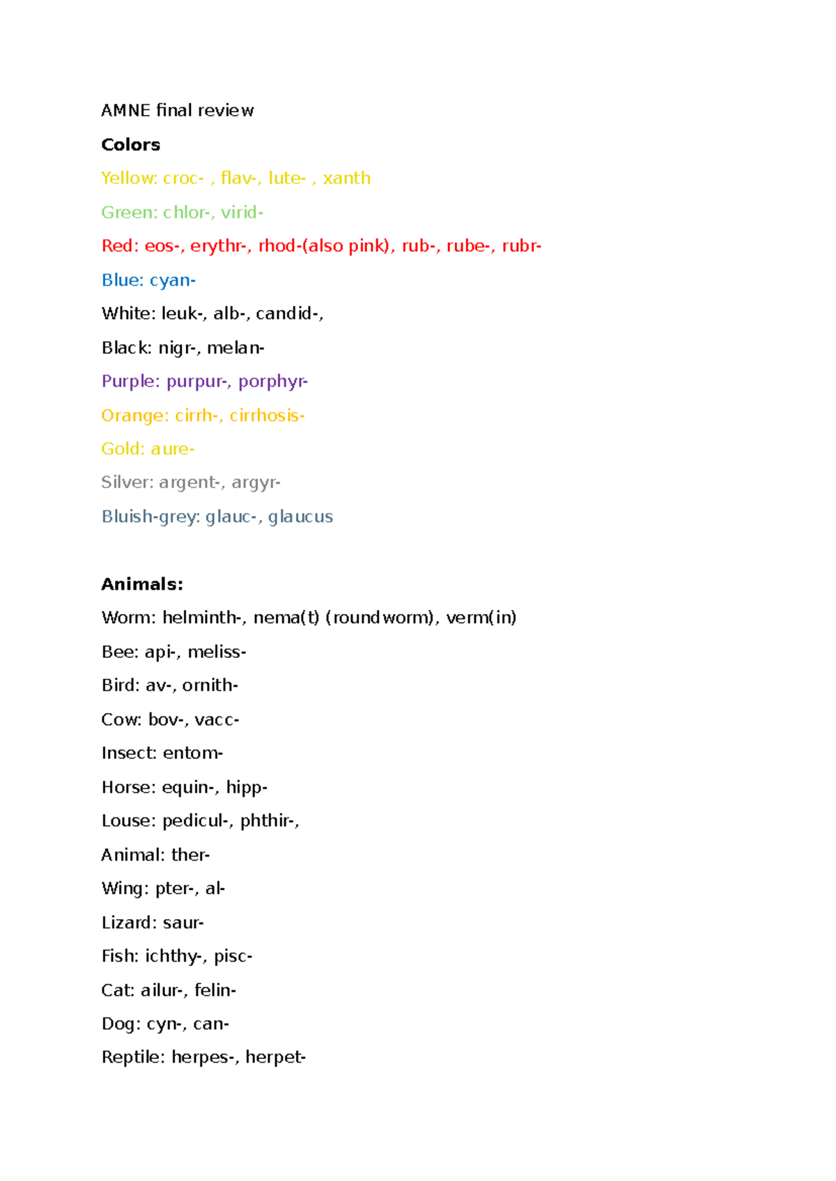 AMNE final review - AMNE final review Colors Yellow: croc- , flav ...