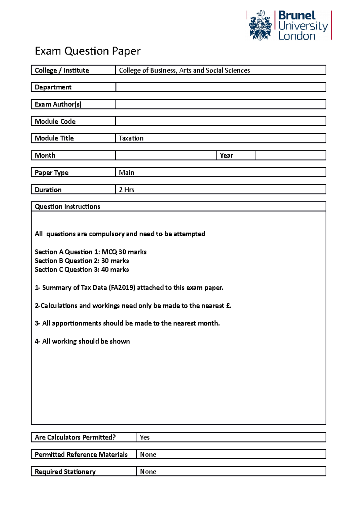 Final revision 2020 - Exam Question Paper College / Institute College ...