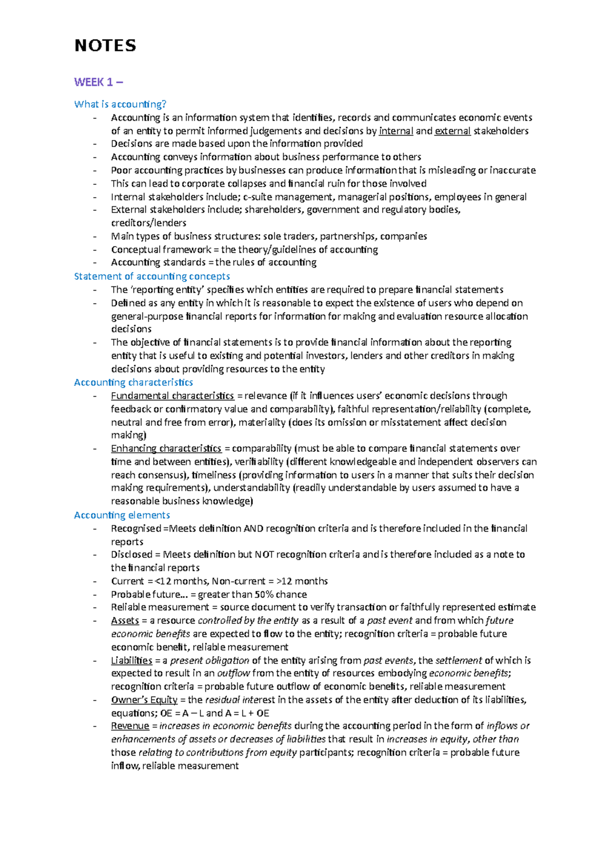 Notes - ljihbkj,m - NOTES WEEK 1 – What is accounting? - Accounting is ...