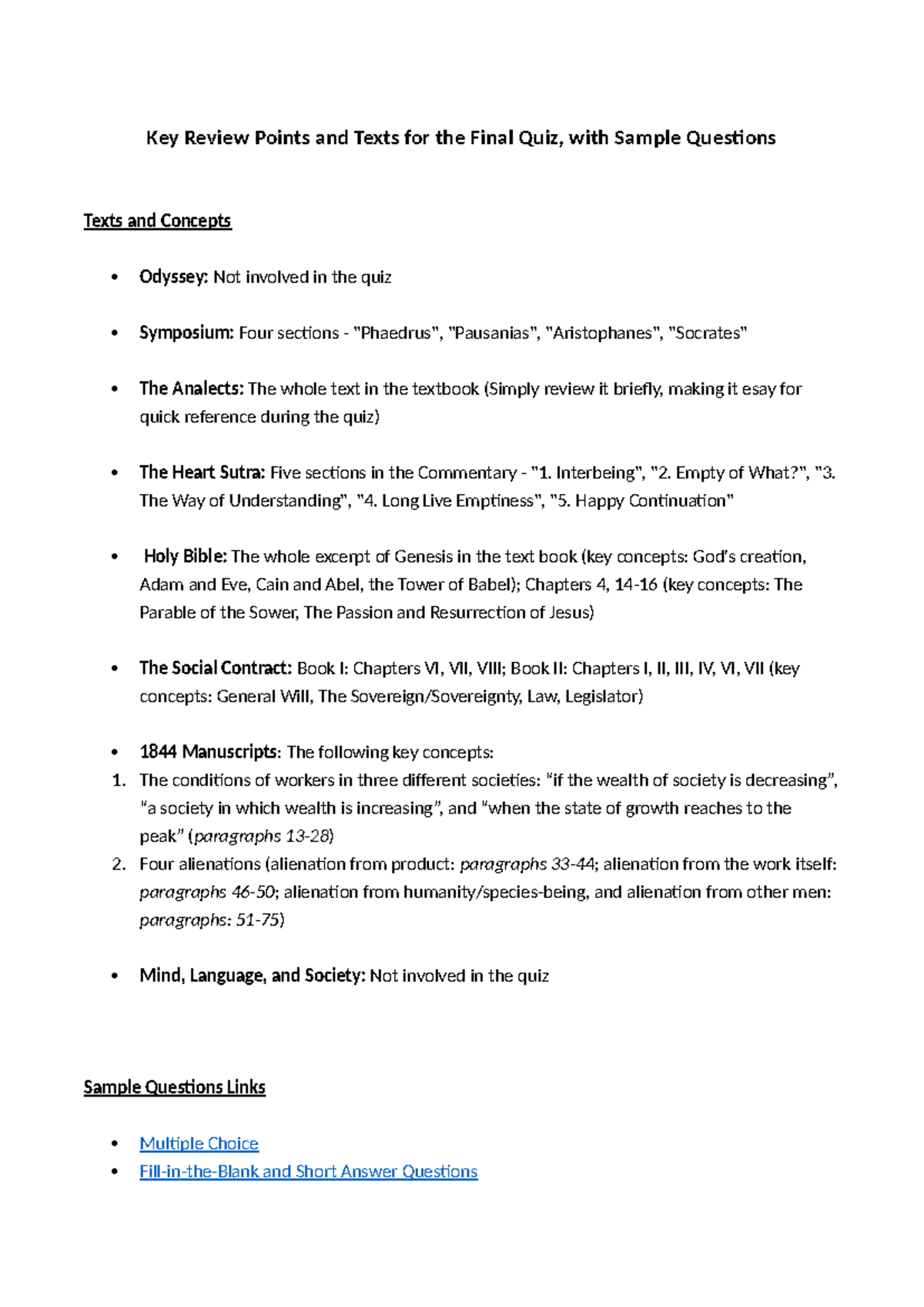 Key Review Points and Texts for the Final Quiz, with Sample Questions(1 ...